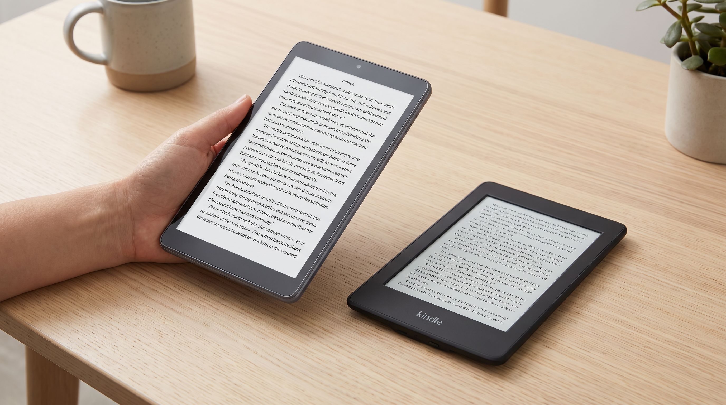 A lightweight budget Android tablet held in one hand displaying a page of an e-book, next to a Kindle e-reader on a wooden table