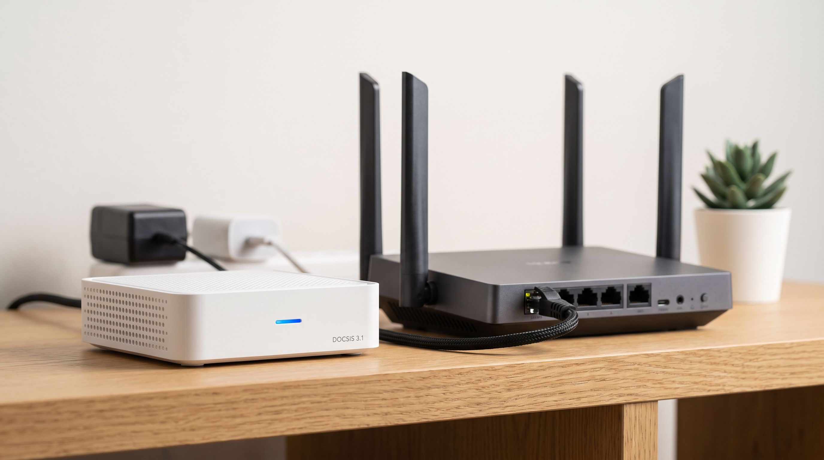 A compact DOCSIS 3.1 cable modem and a Wi-Fi router sitting side by side on a shelf with Ethernet cables connected