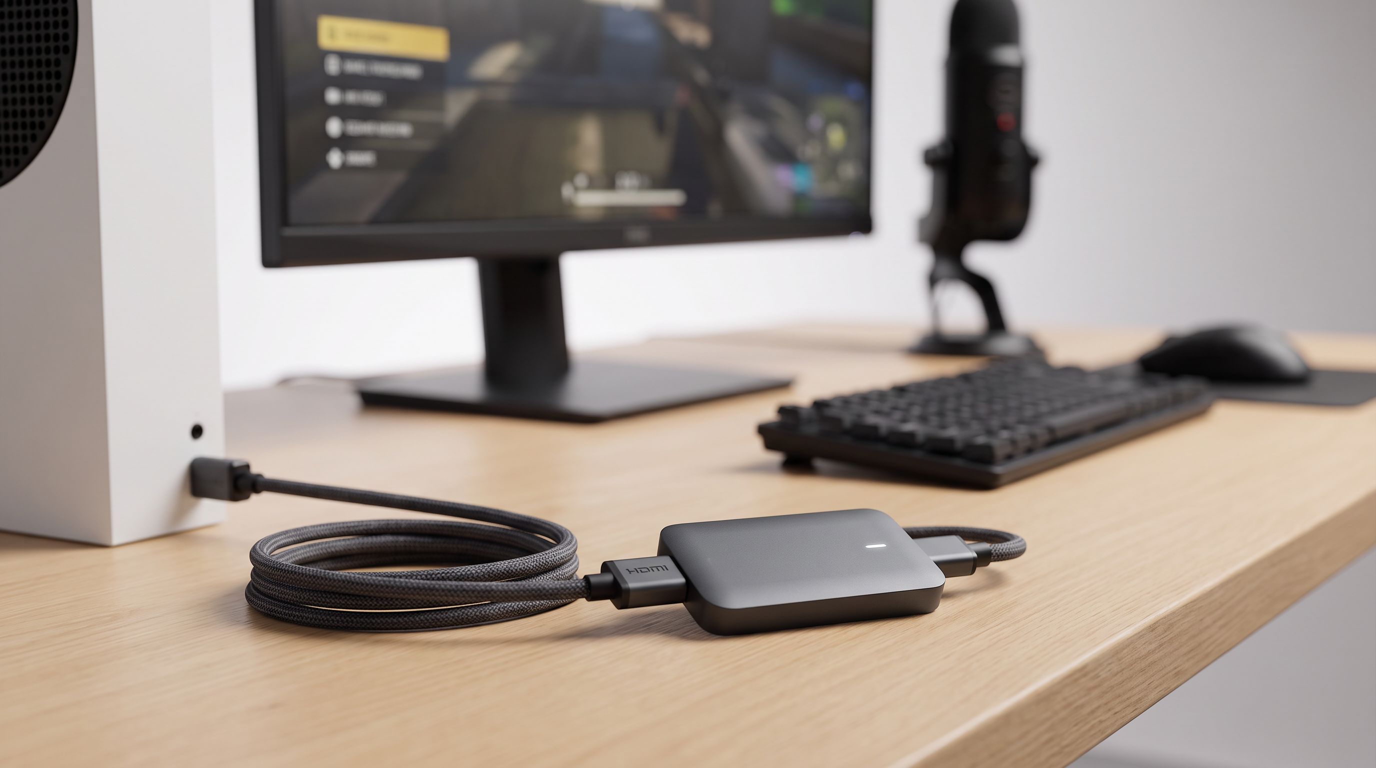 External USB capture card connected between a game console and a monitor with HDMI cables on a streaming desk