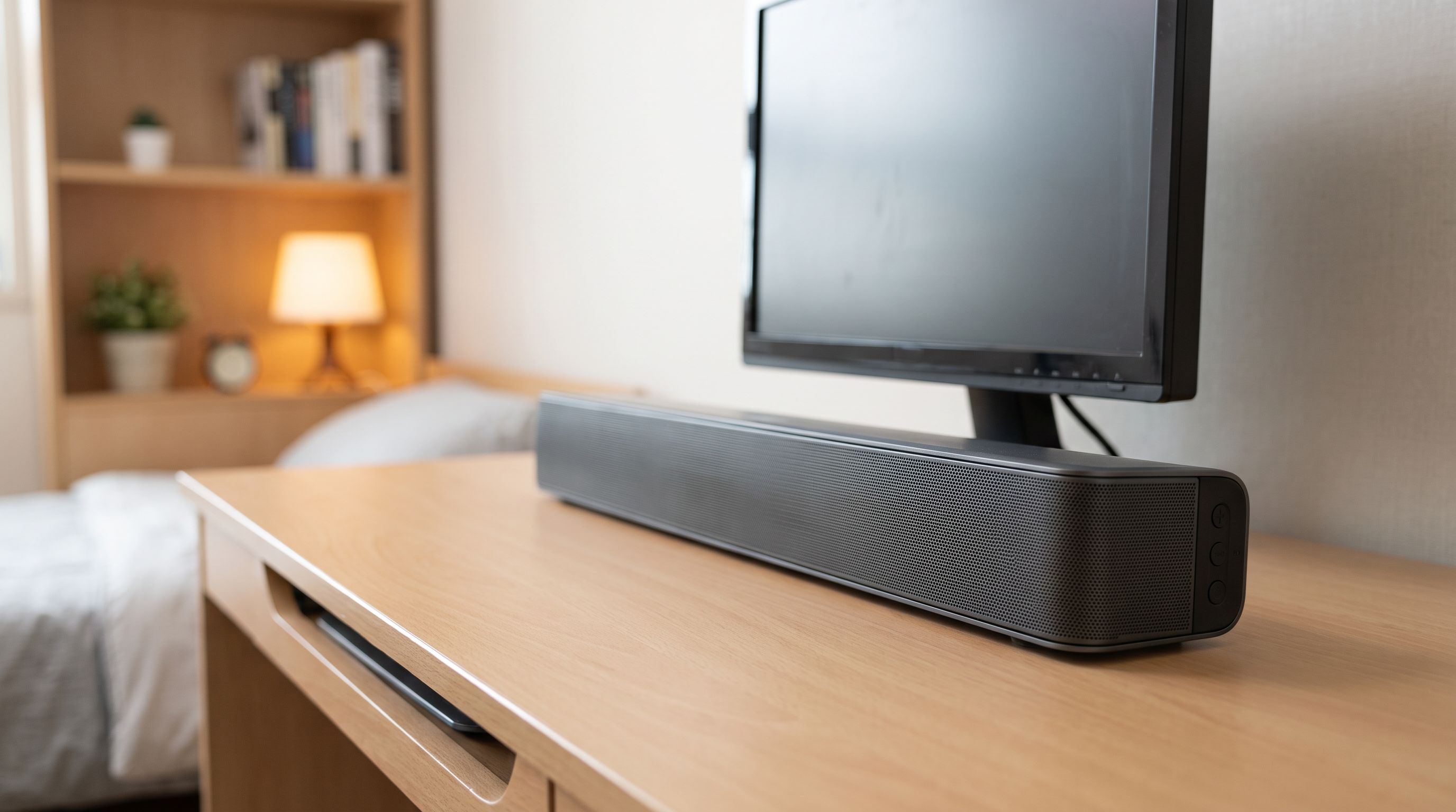 A compact soundbar sitting on a desk beneath a small flat-screen TV in a dorm-sized room