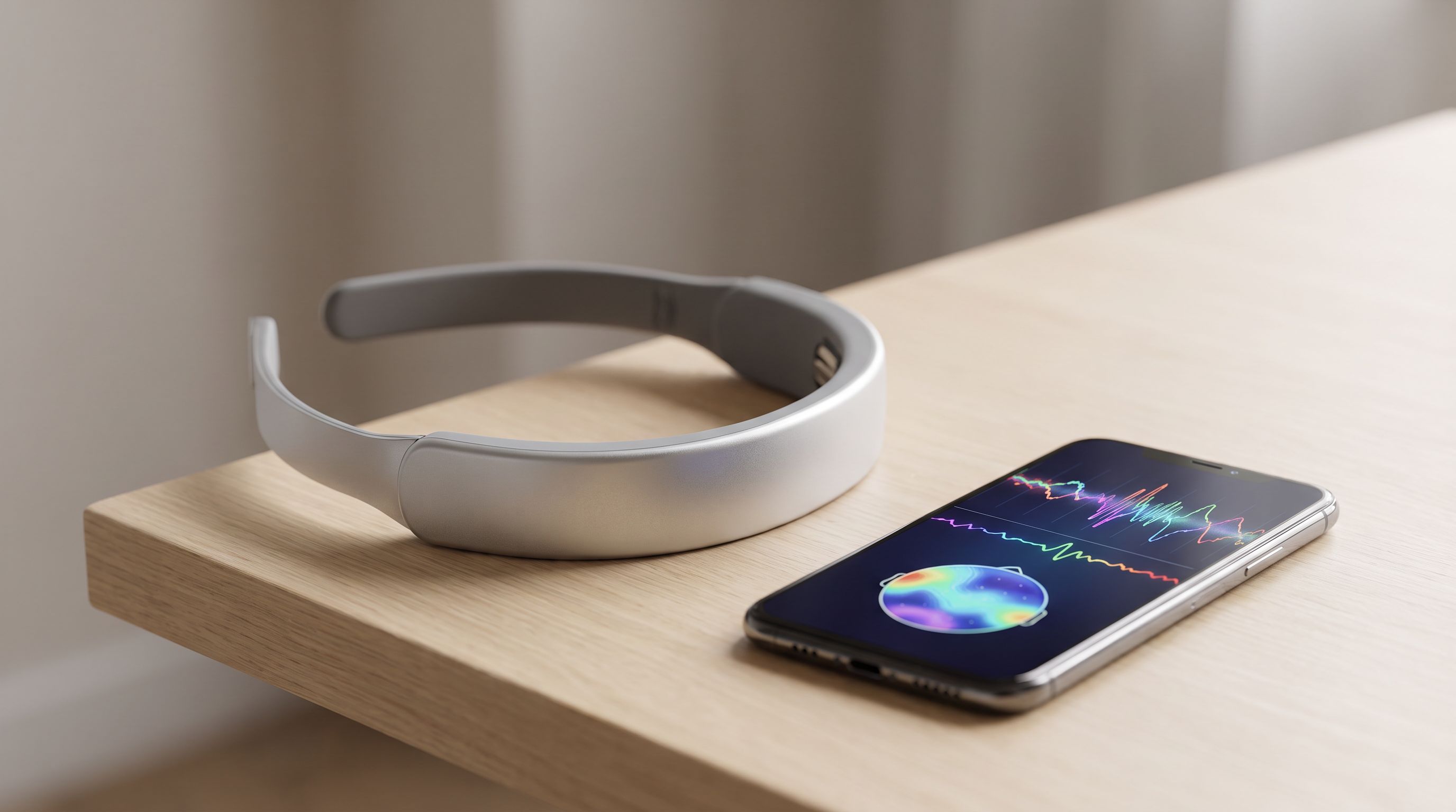 A lightweight consumer EEG headband resting on a desk next to a smartphone displaying a brainwave neurofeedback session
