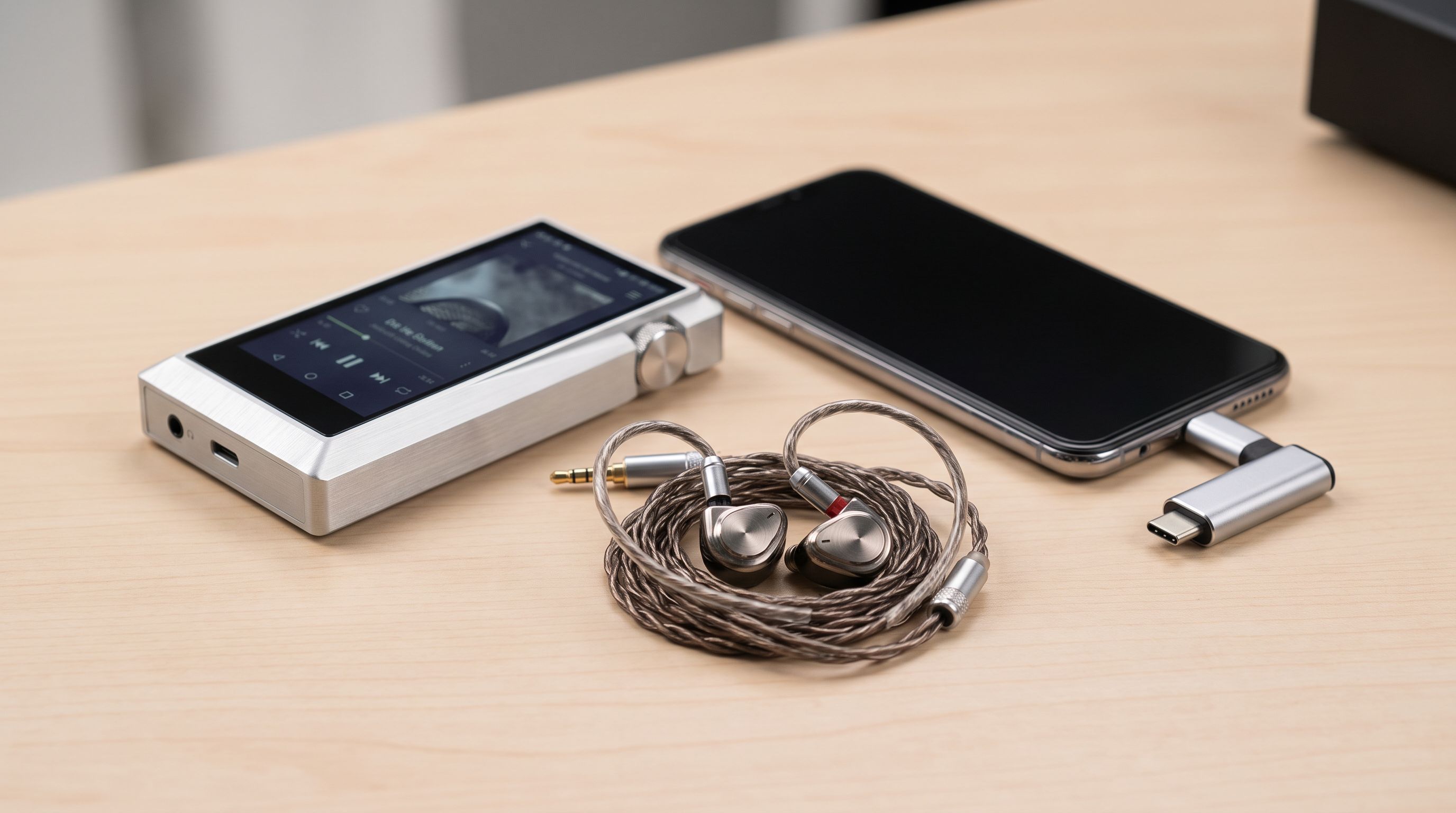 A compact hi-res digital audio player resting on a desk beside wired IEMs and a smartphone with a USB-C dongle DAC attached