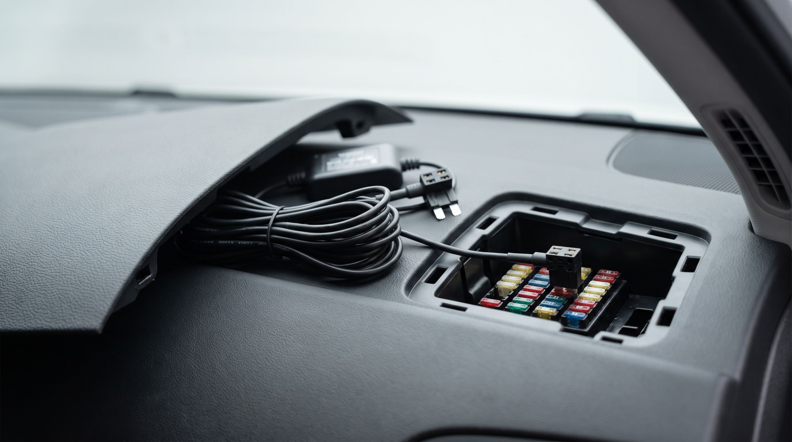 A dash cam hardwire kit with fuse taps routed behind a car's interior trim panel to the fuse box