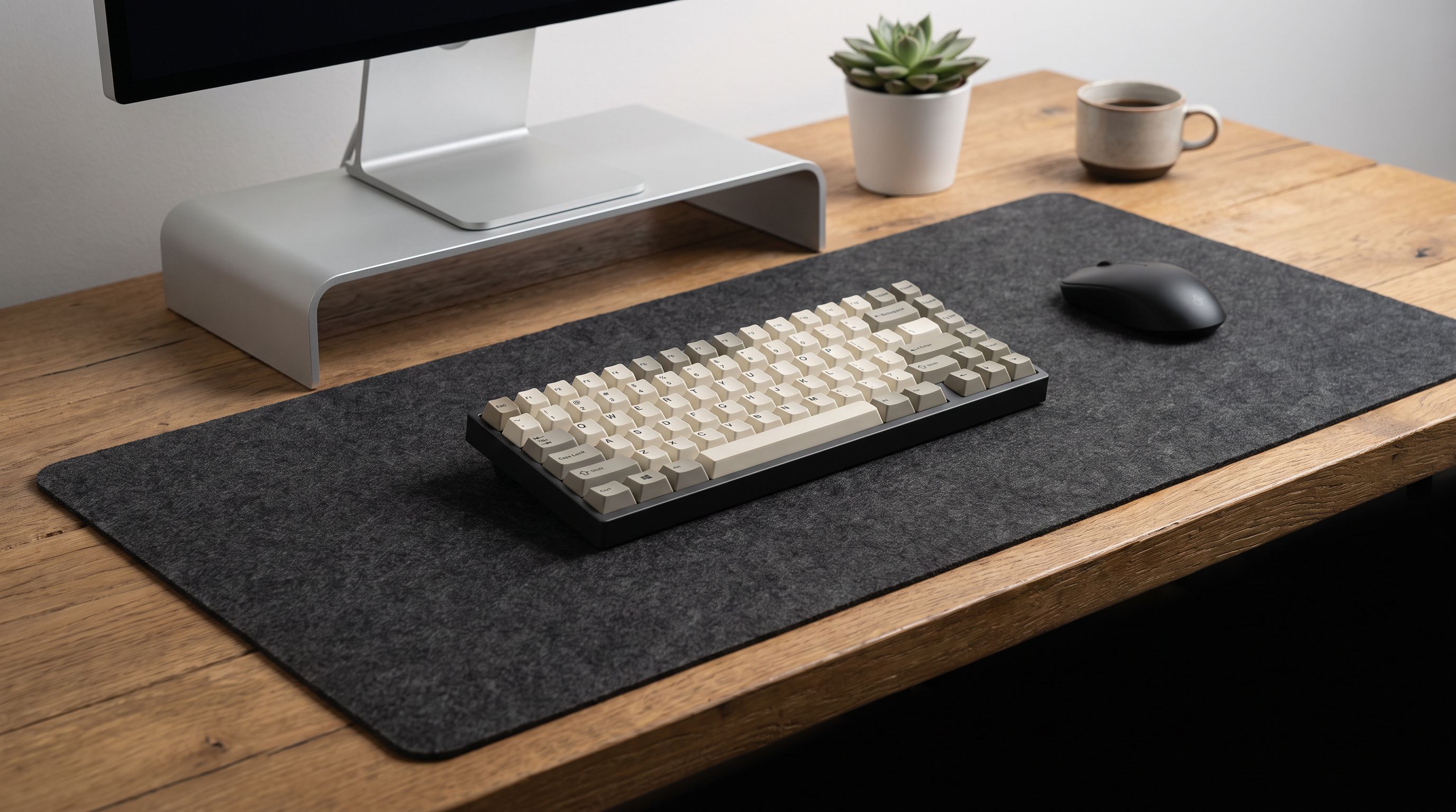 An oversized desk mat covering a wooden desk, with a compact 75% mechanical keyboard, mouse and monitor stand arranged on top