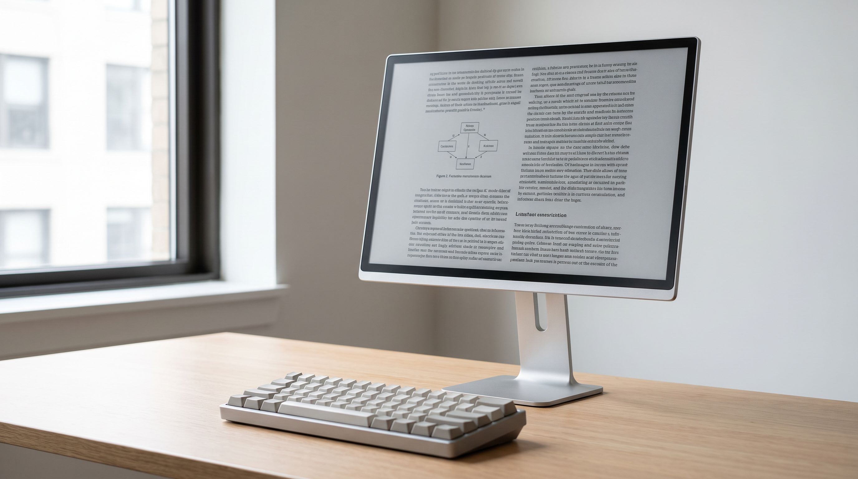 A 13-inch monochrome e-ink desktop monitor on a stand next to a keyboard, showing a page of text in daylight
