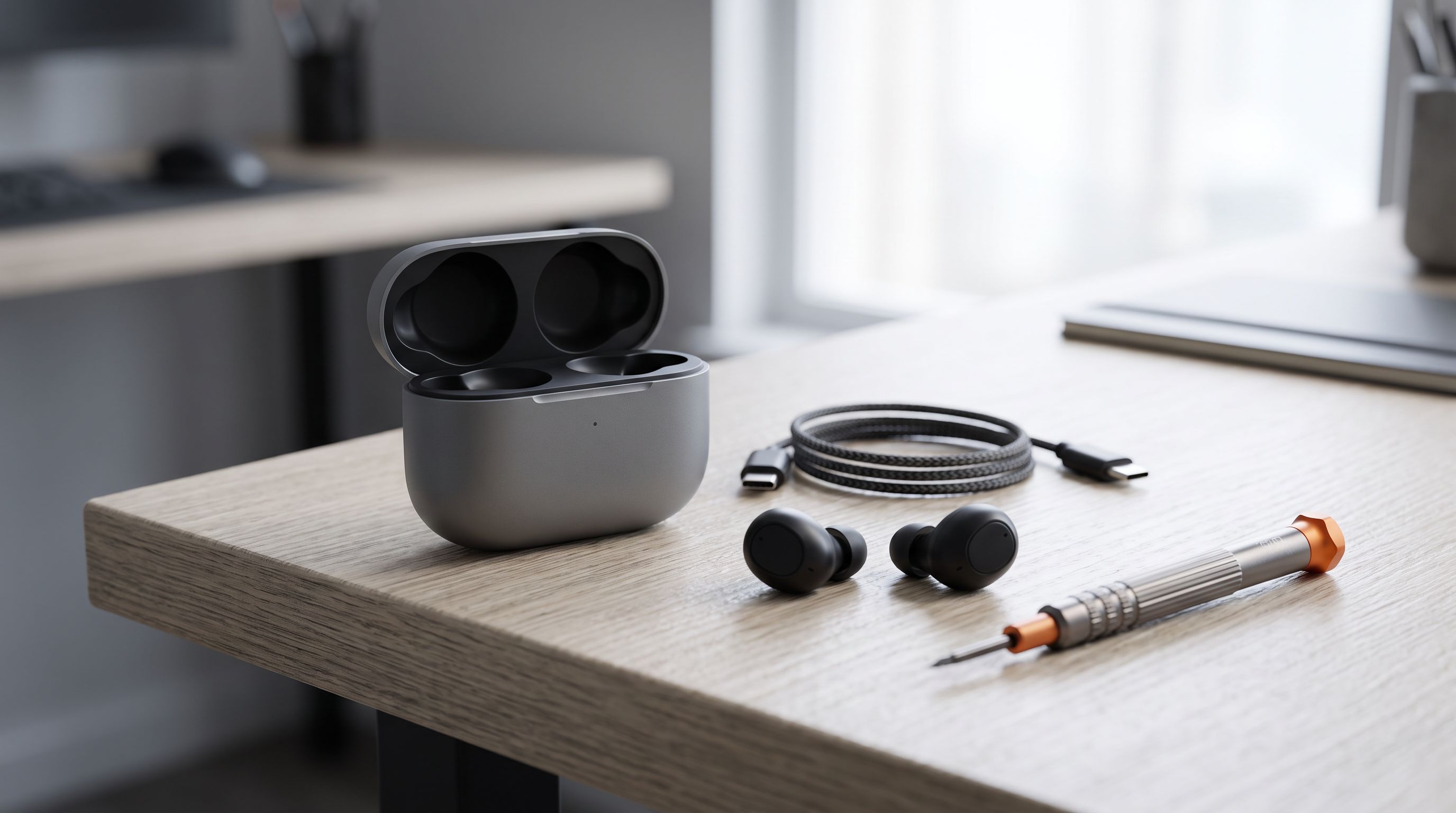 An open wireless earbud charging case beside loose earbuds, a USB-C cable and a small repair screwdriver on a desk