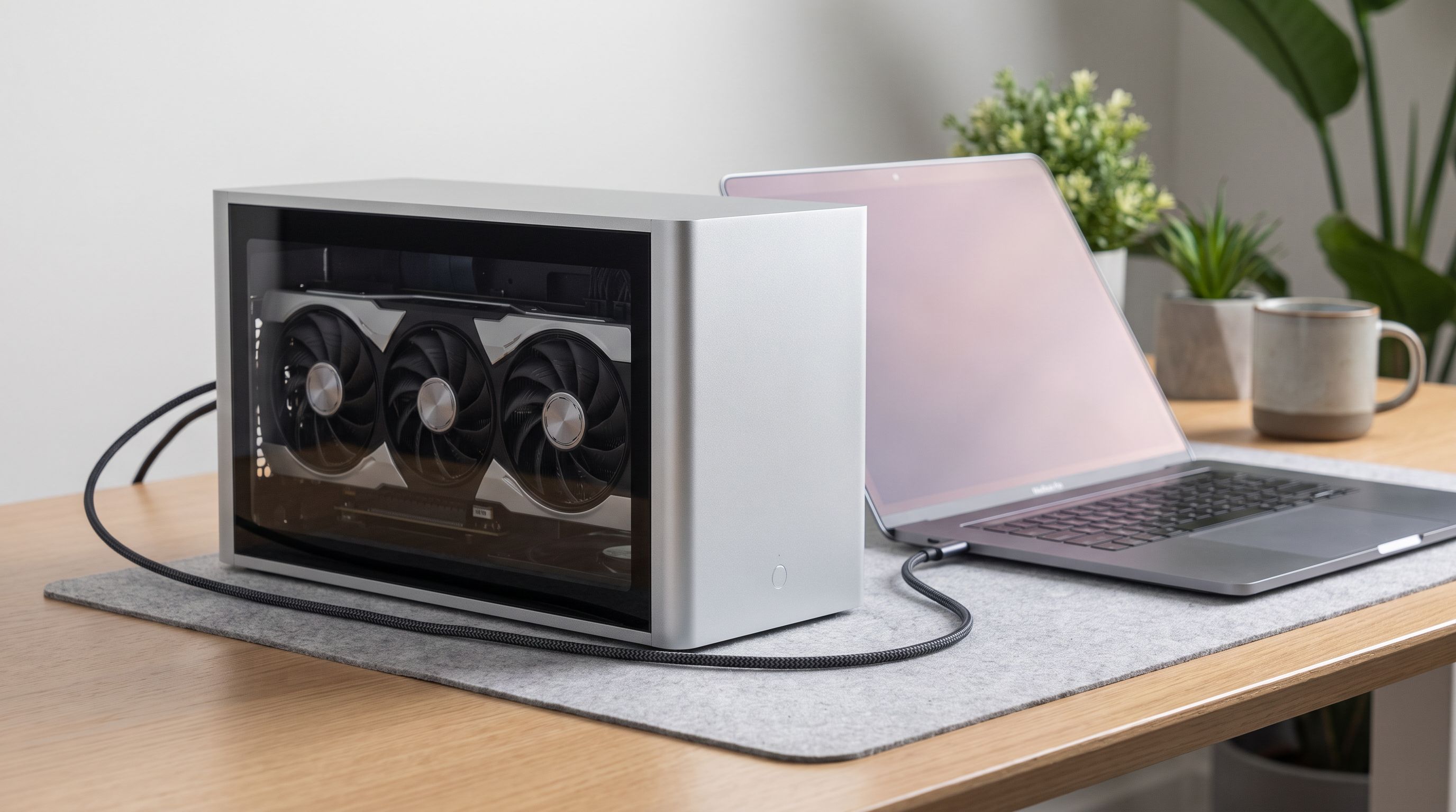 An external GPU enclosure with a desktop graphics card installed, connected by cable to a thin-and-light laptop on a desk