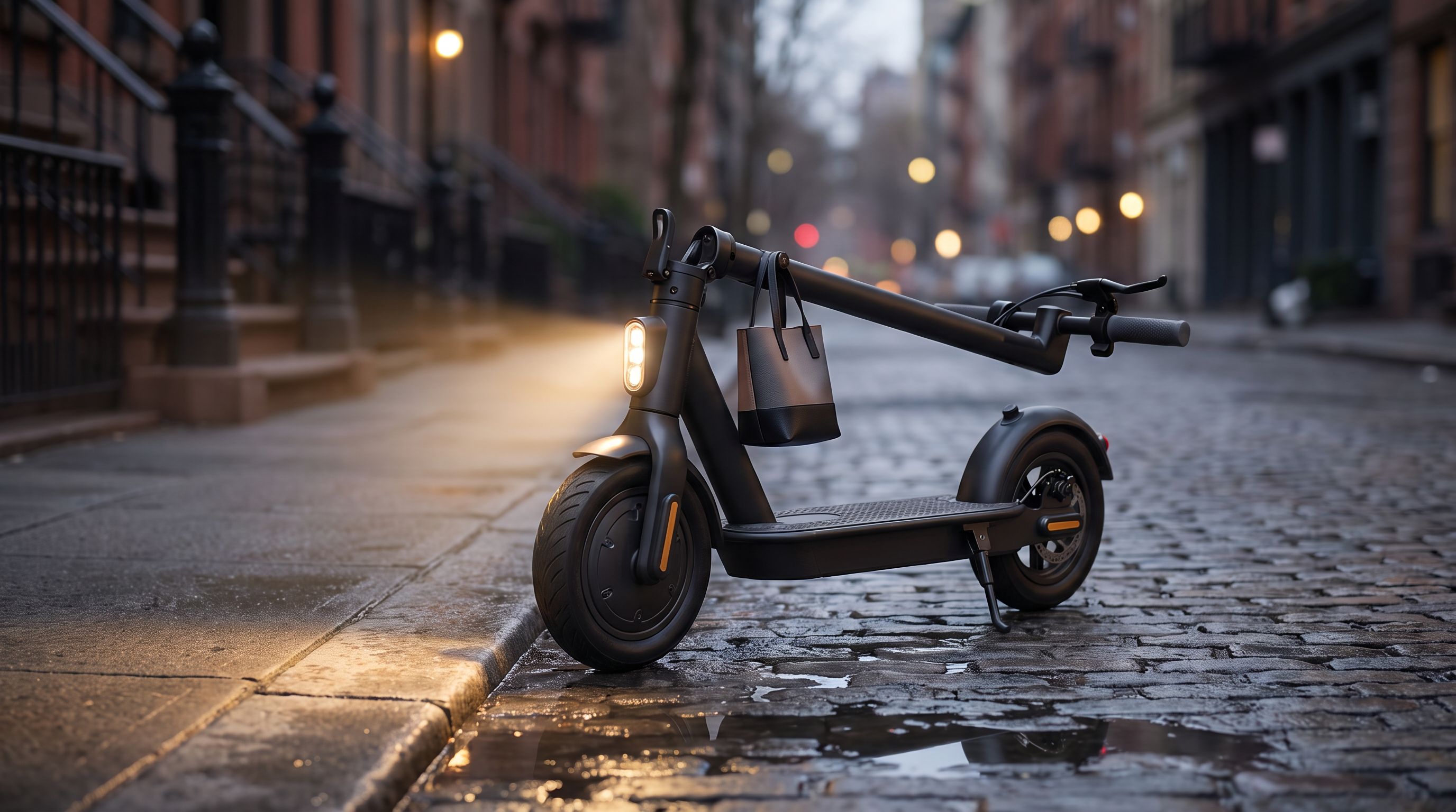 A folding commuter electric scooter parked on a city sidewalk at dusk with its headlight on