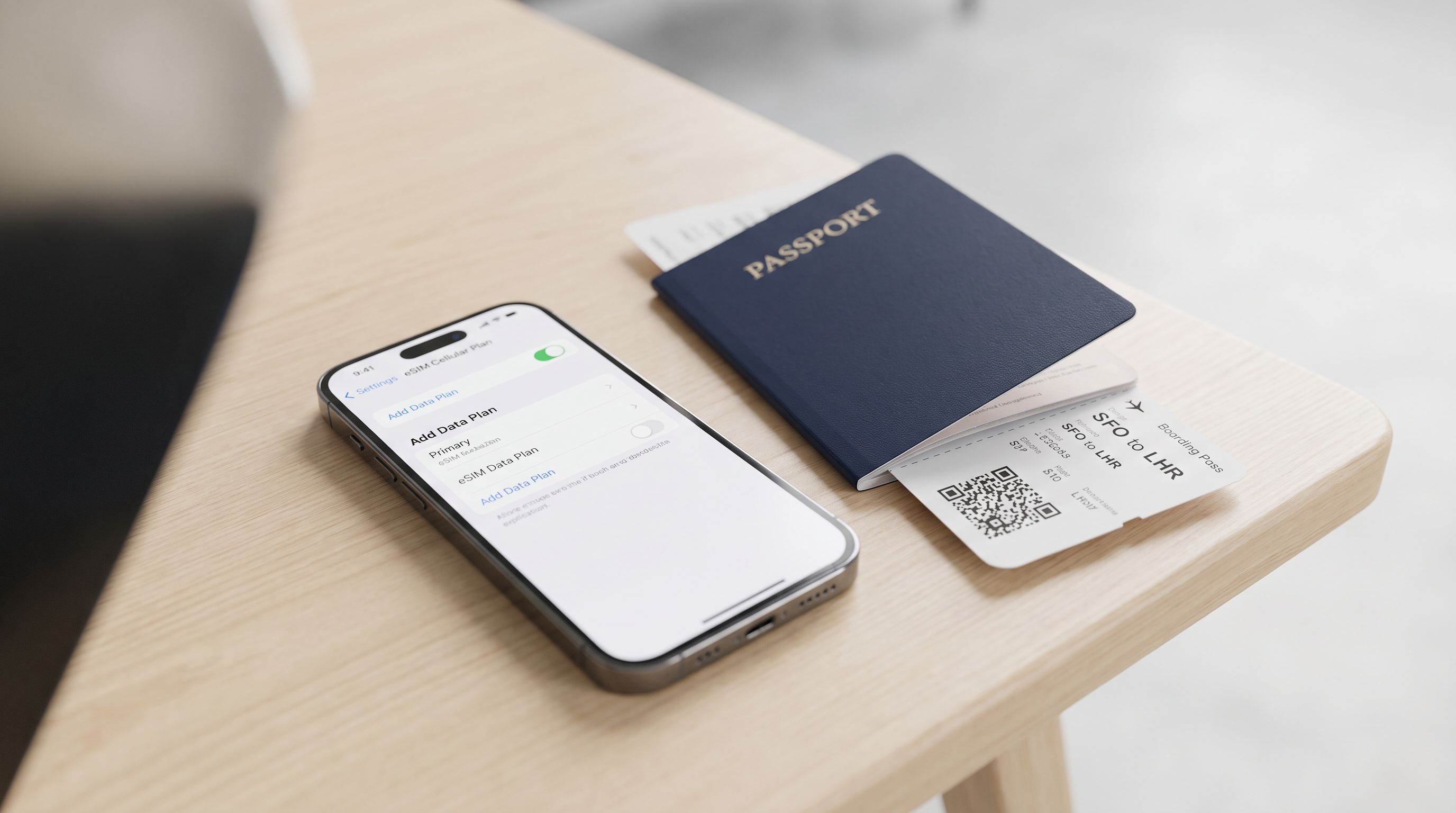 Close-up of a modern smartphone showing an eSIM cellular plan settings screen, with a passport and boarding pass on a table beside it