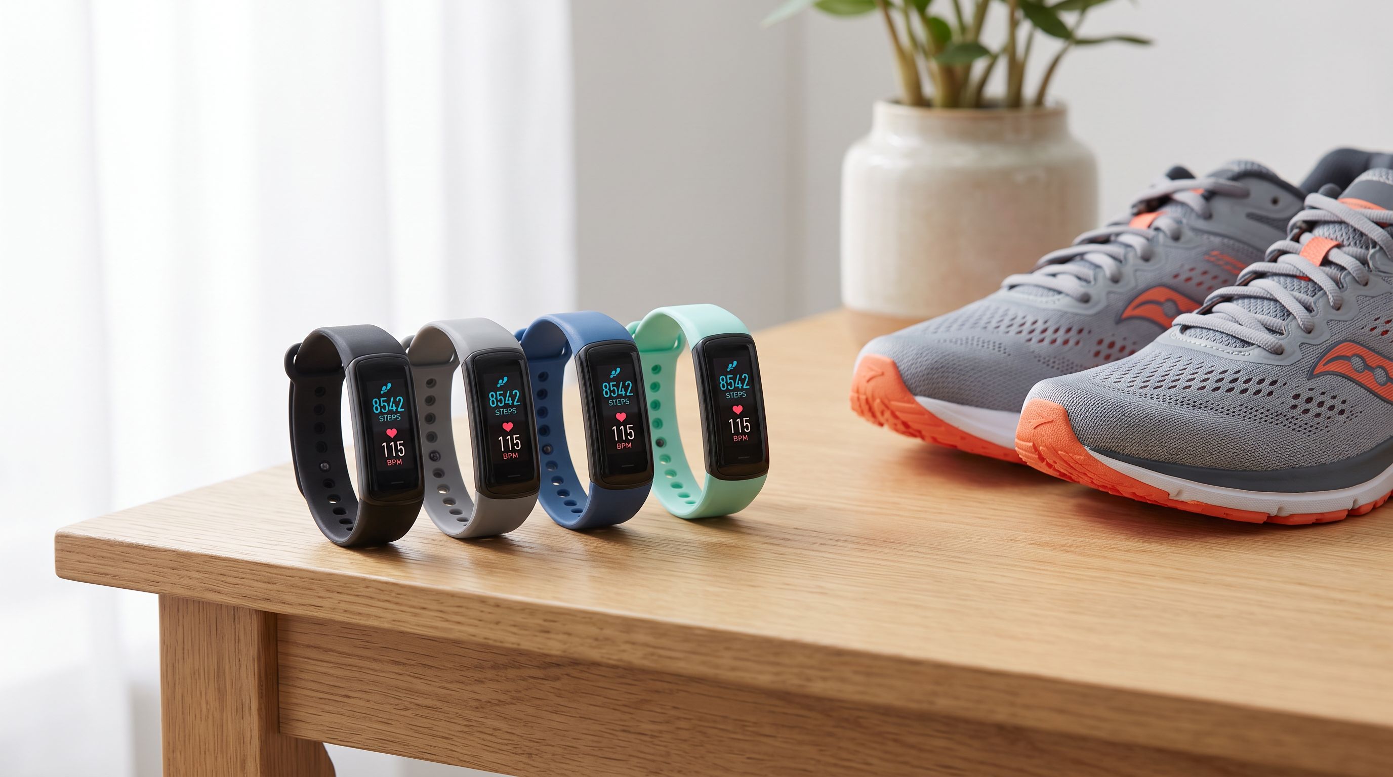 Four slim fitness tracker bands laid out on a wooden desk beside running shoes, showing step count and heart rate screens