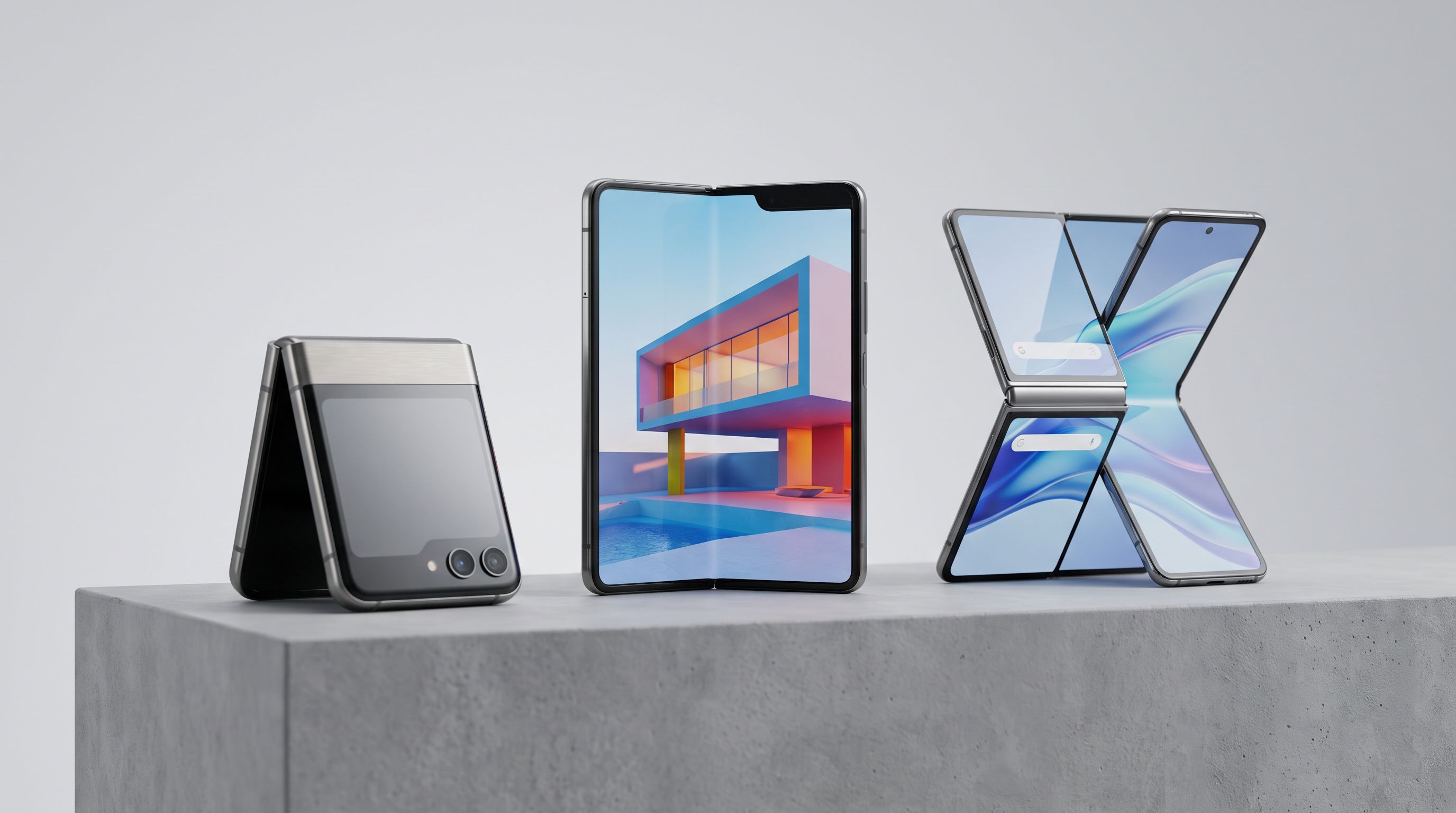Three smartphone form factors side by side: a clamshell flip phone, an open book-style foldable, and a partially unfolded tri-fold device with two hinges