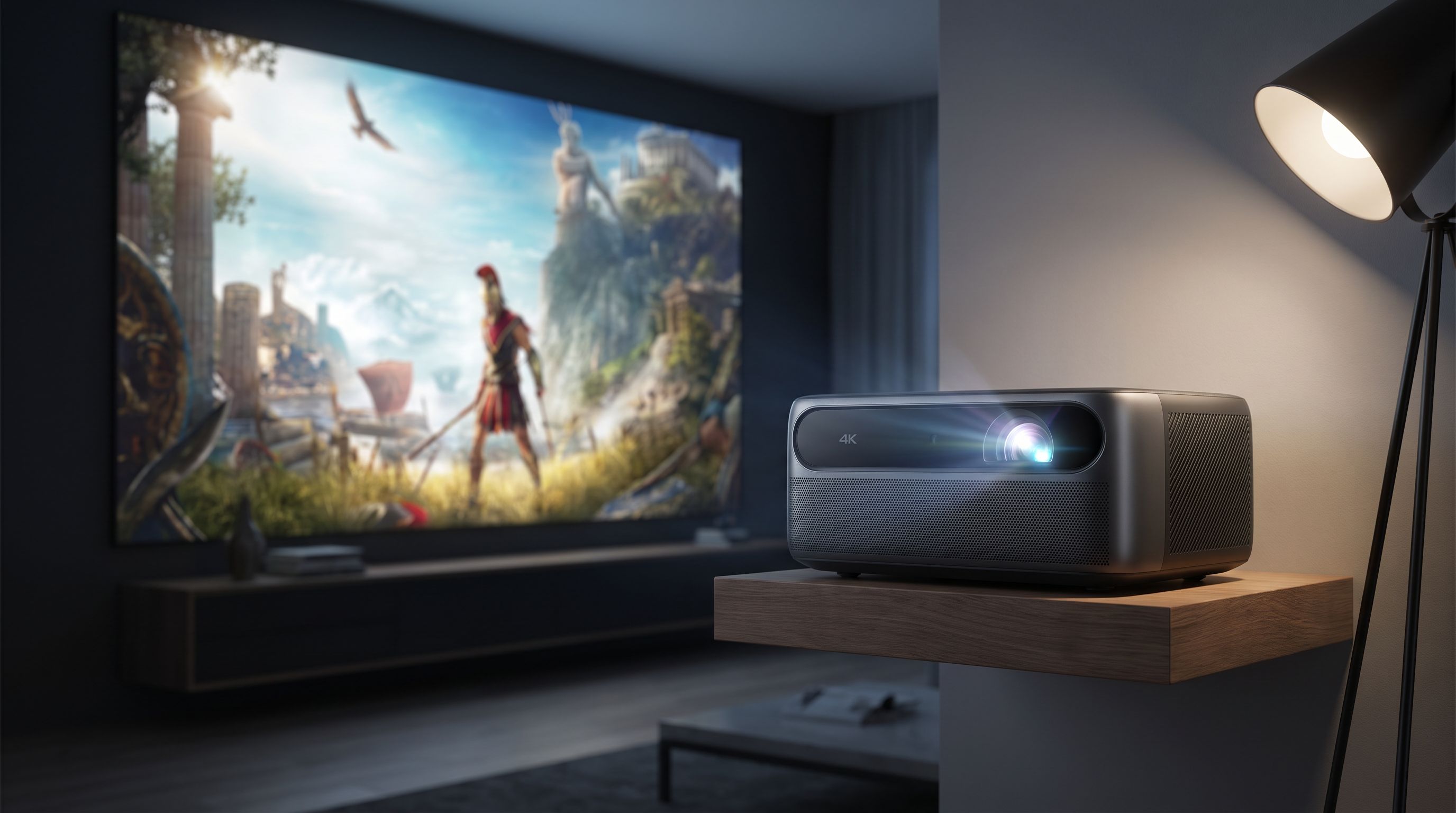 A 4K gaming projector mounted on a shelf casting a large bright game image onto a wall-sized screen in a dim living room