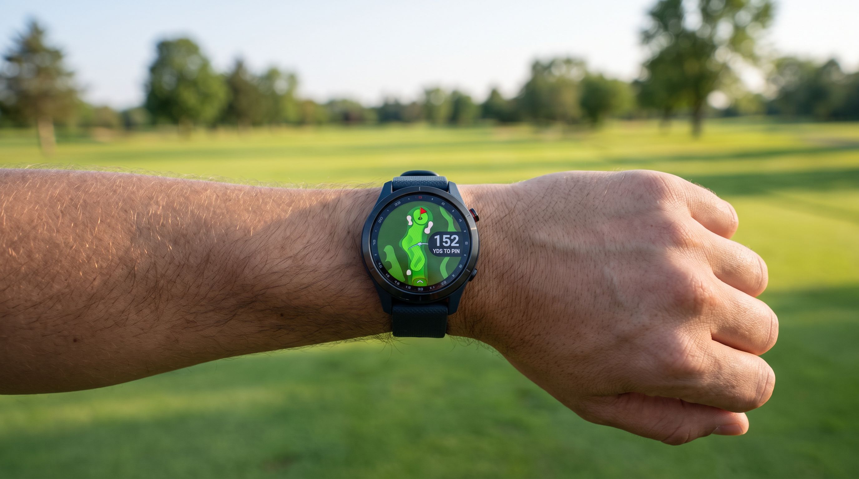 A golfer's wrist wearing a round GPS golf watch showing a color hole map and yardage to the pin, with a fairway in the background