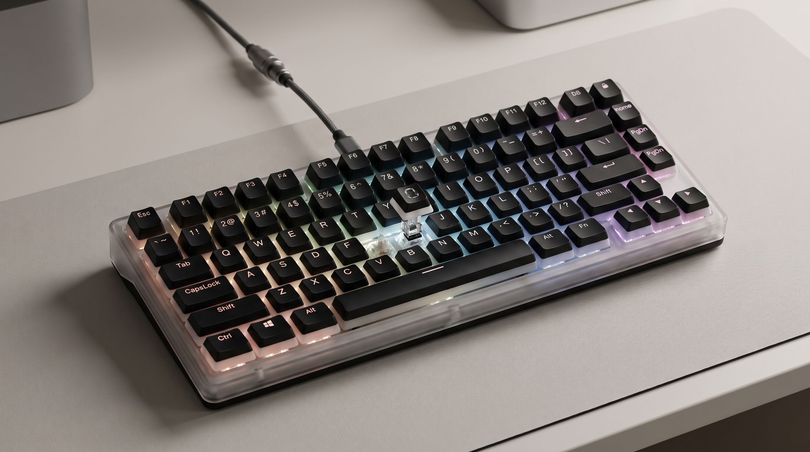 A compact Hall effect gaming keyboard with RGB backlighting on a desk mat, keycap removed to show a magnetic switch