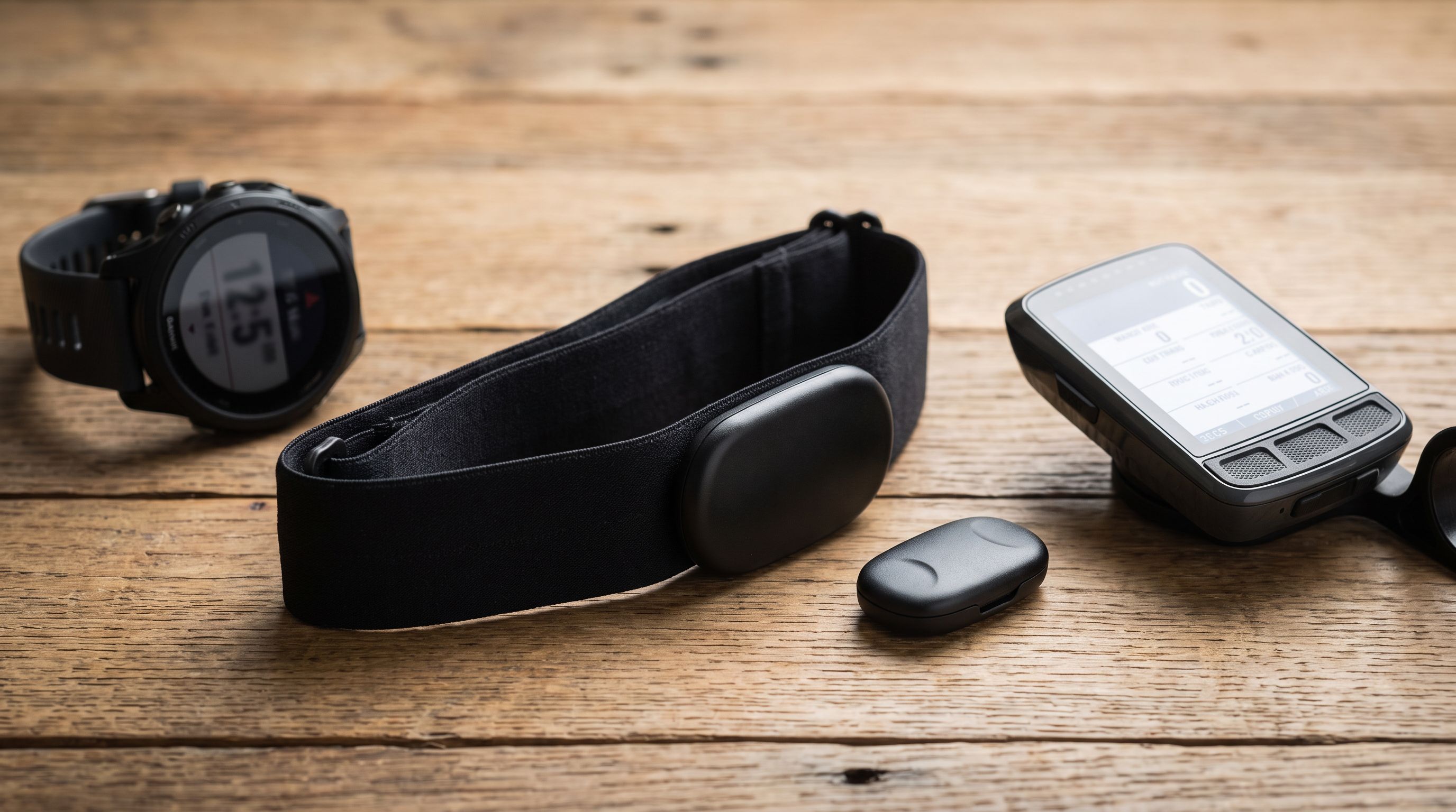 A black heart rate monitor chest strap with a detachable sensor pod resting next to a running watch and cycling computer on a wooden table