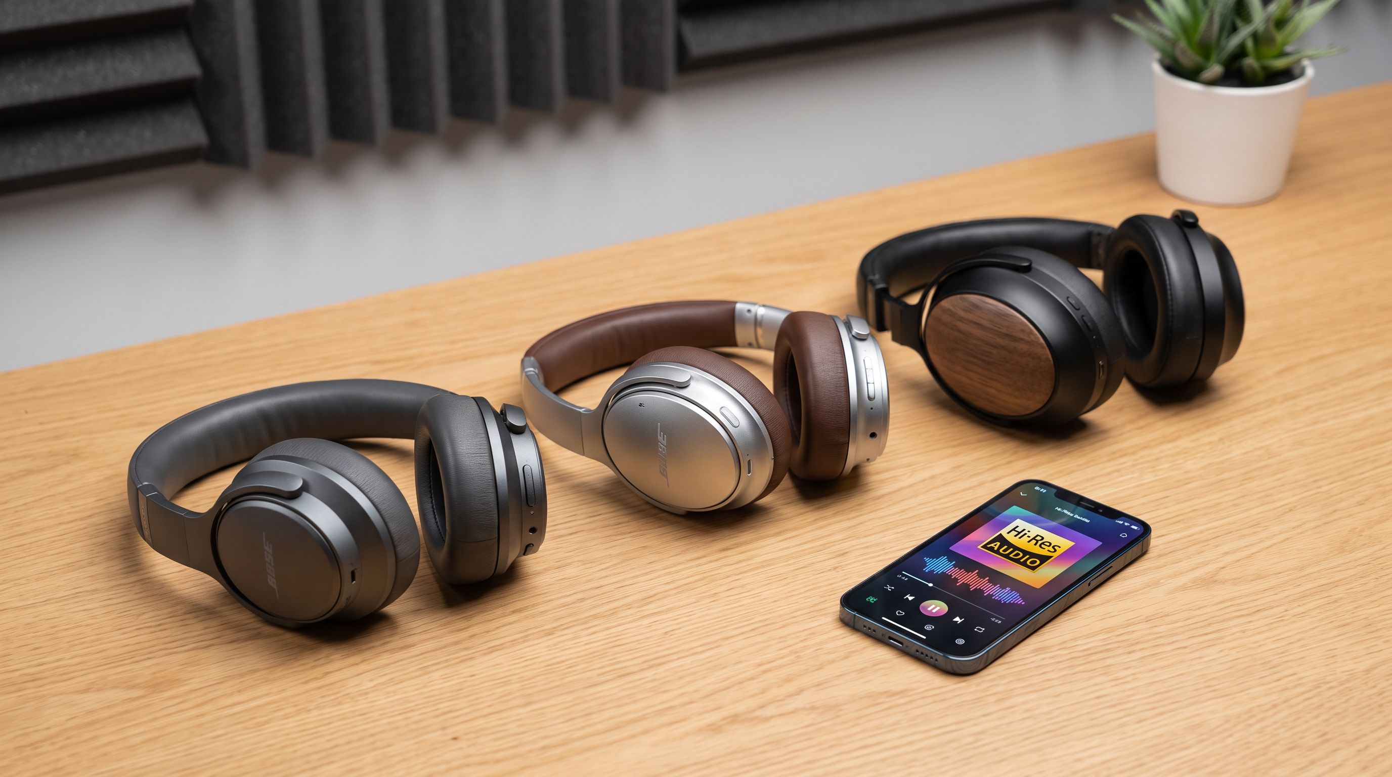 Three premium over-ear wireless headphones arranged on a desk beside a smartphone showing a hi-res streaming app