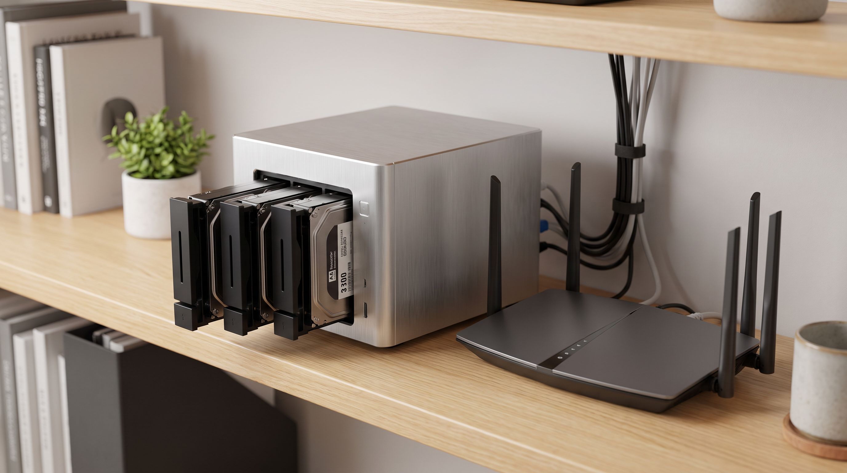 A four-bay desktop NAS enclosure with drive trays partially removed, sitting on a home office shelf next to a router