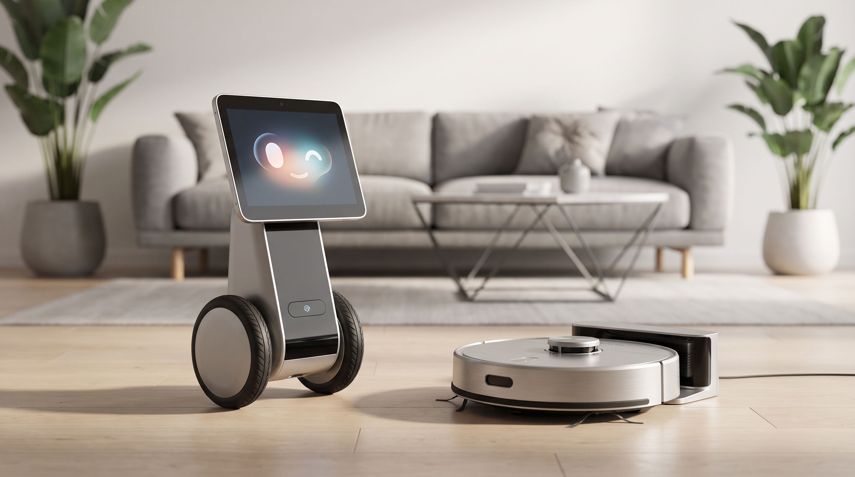 A wheeled home assistant robot with a display face standing in a modern living room next to a robot vacuum docked at its base station