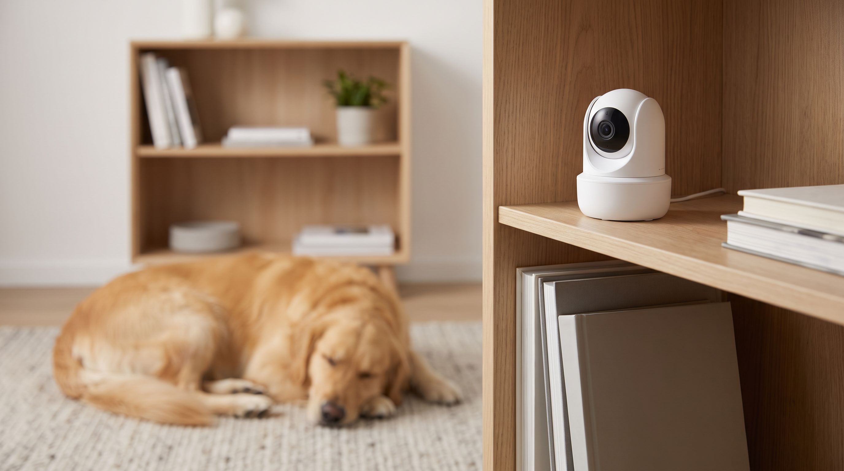 A small white pan-and-tilt indoor Wi-Fi security camera on a bookshelf watching a dog asleep on a living room rug