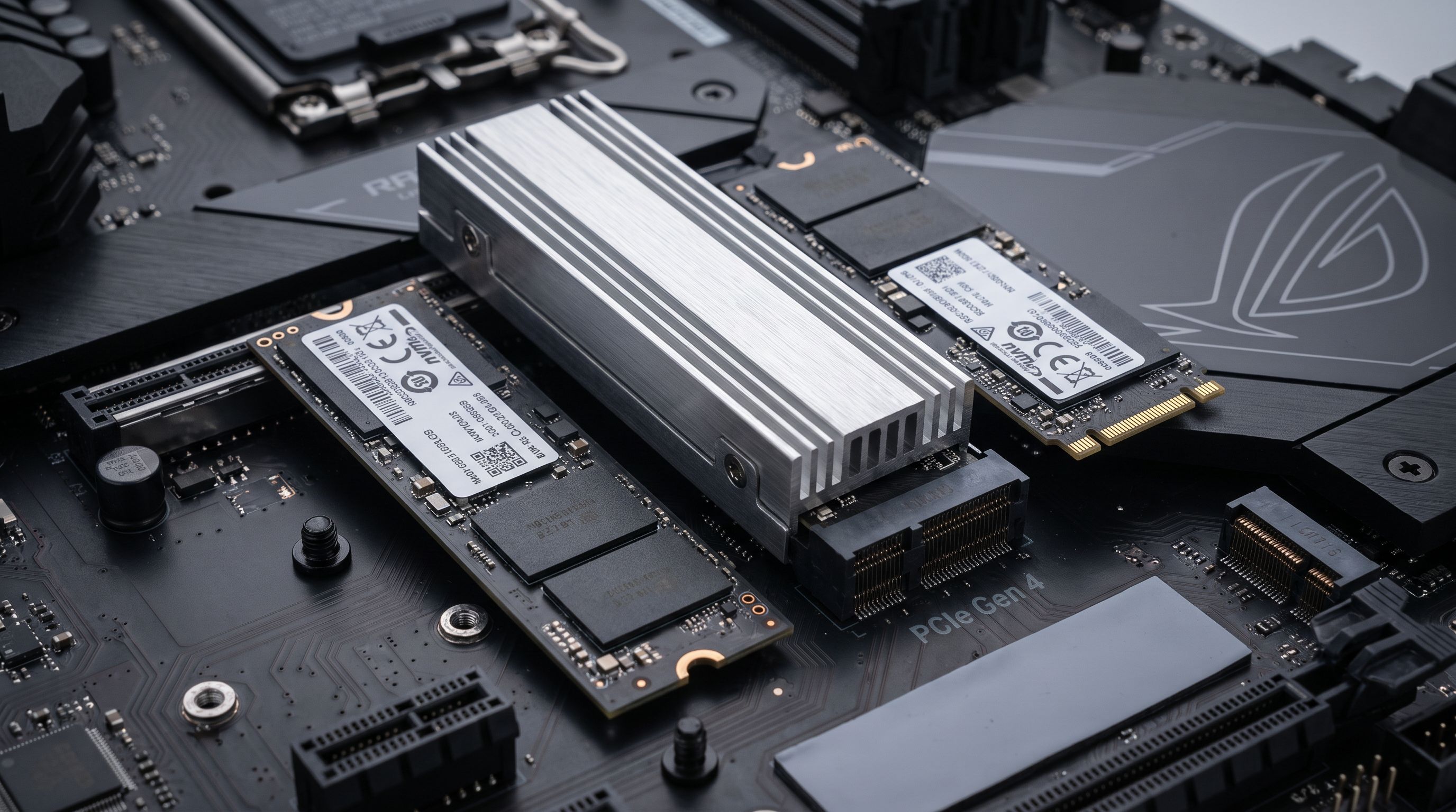 Several M.2 NVMe SSDs, one with a large aluminum heatsink, laid out on a motherboard next to an M.2 slot