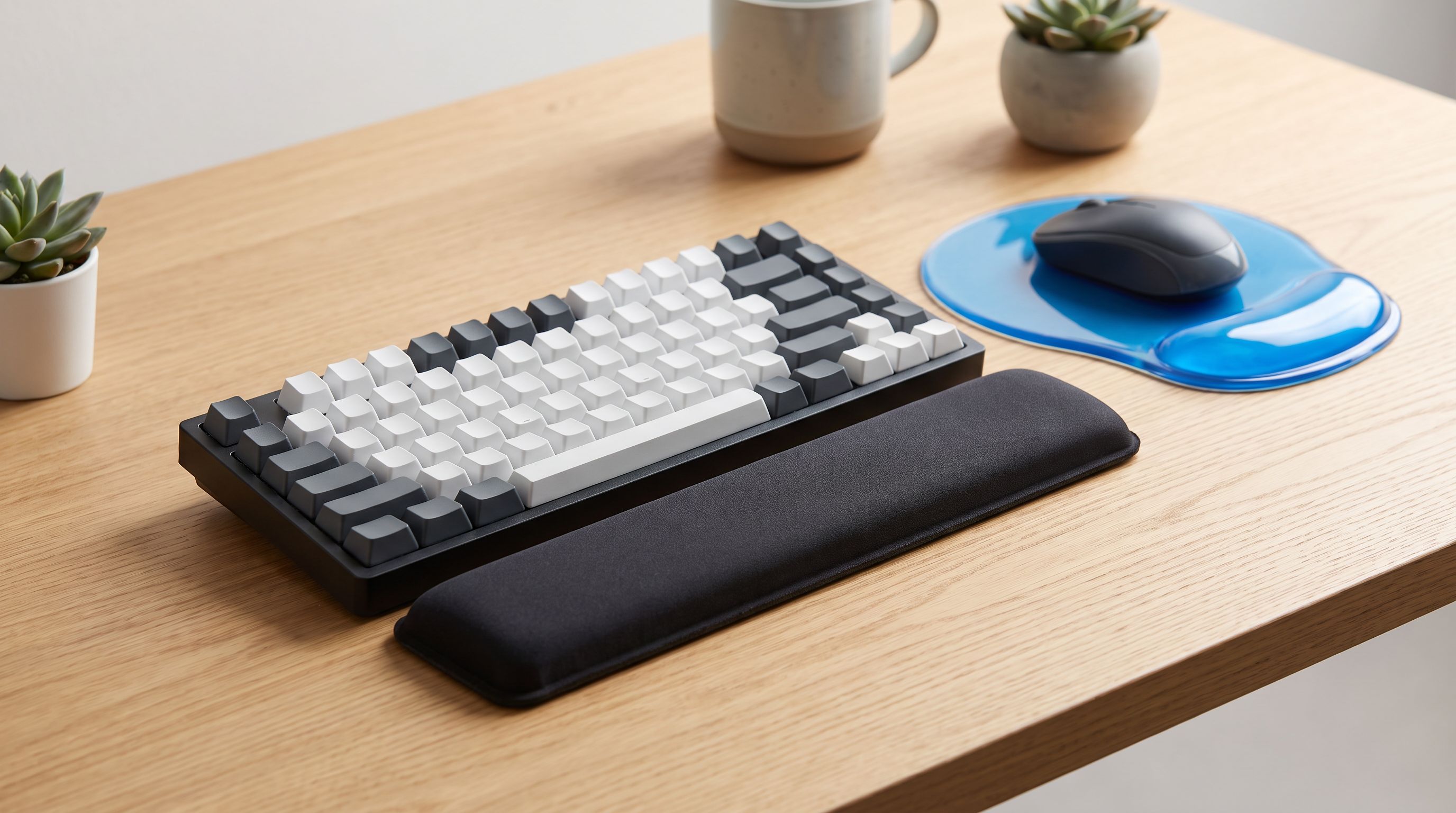 A mechanical keyboard on a desk with a memory foam wrist rest in front of it and a separate gel mouse pad wrist rest beside it