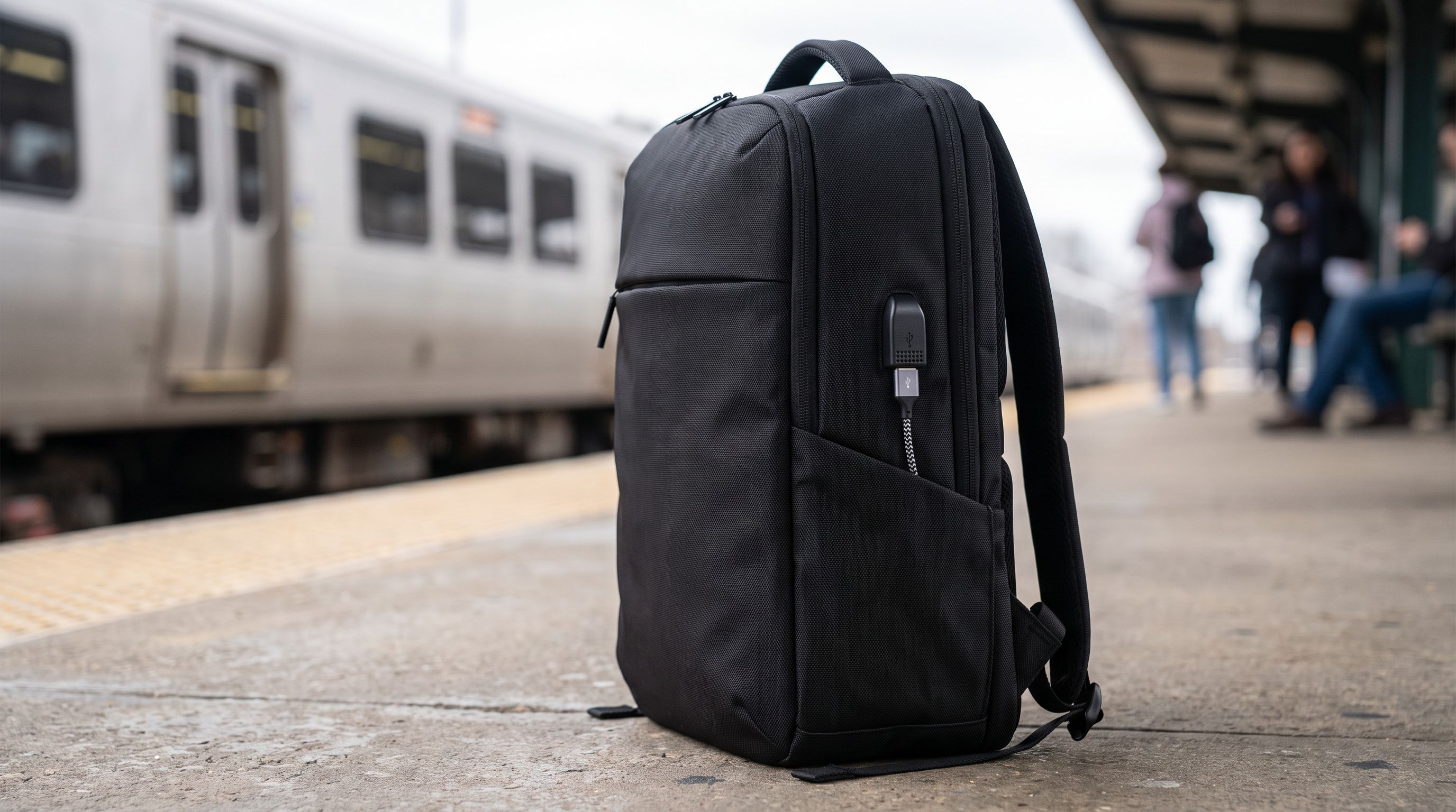 A black commuter laptop backpack standing upright on a train platform, with a USB-A charging port visible on its side panel