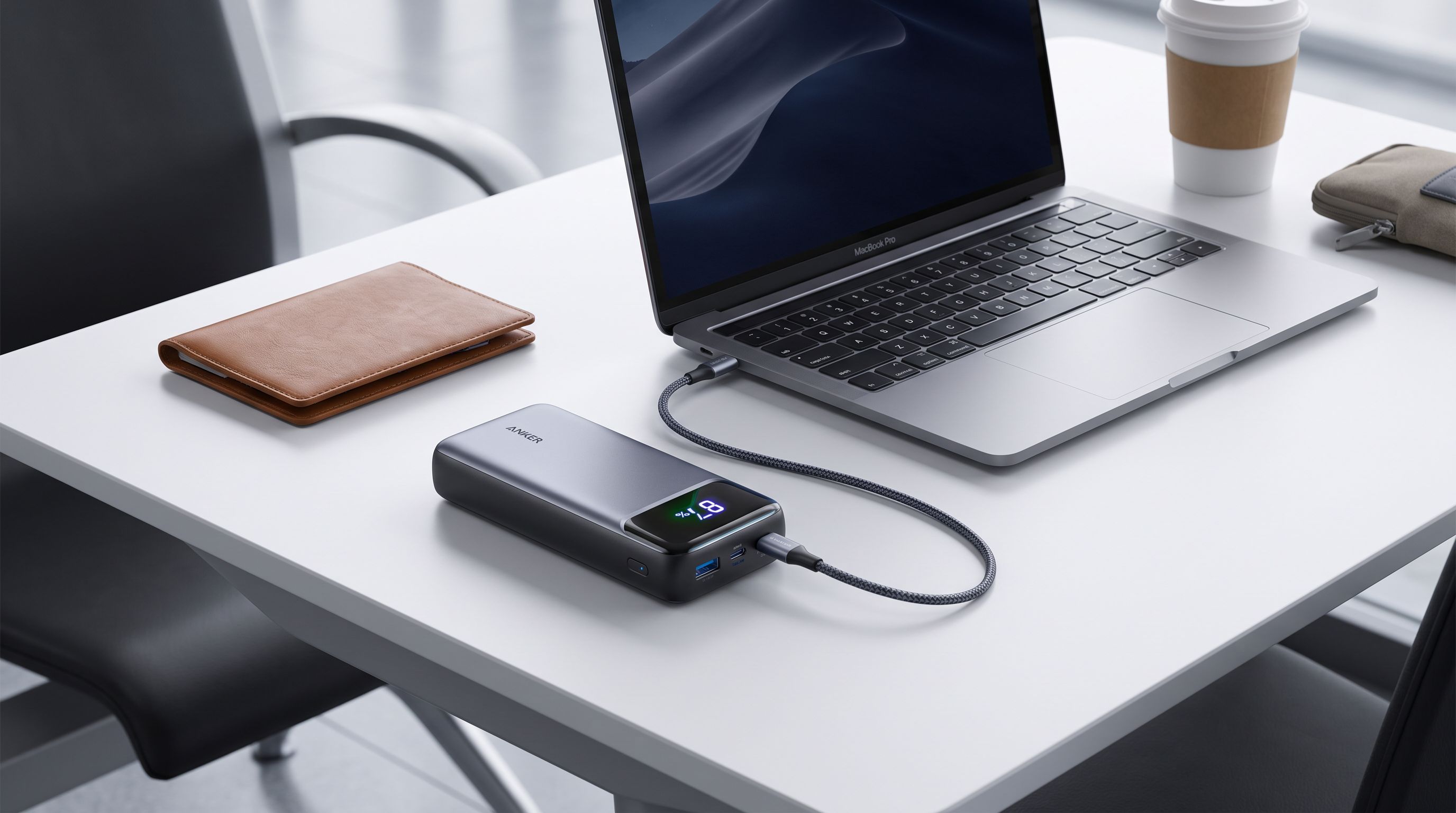 A high-capacity USB-C power bank with a digital display charging a laptop on an airport table
