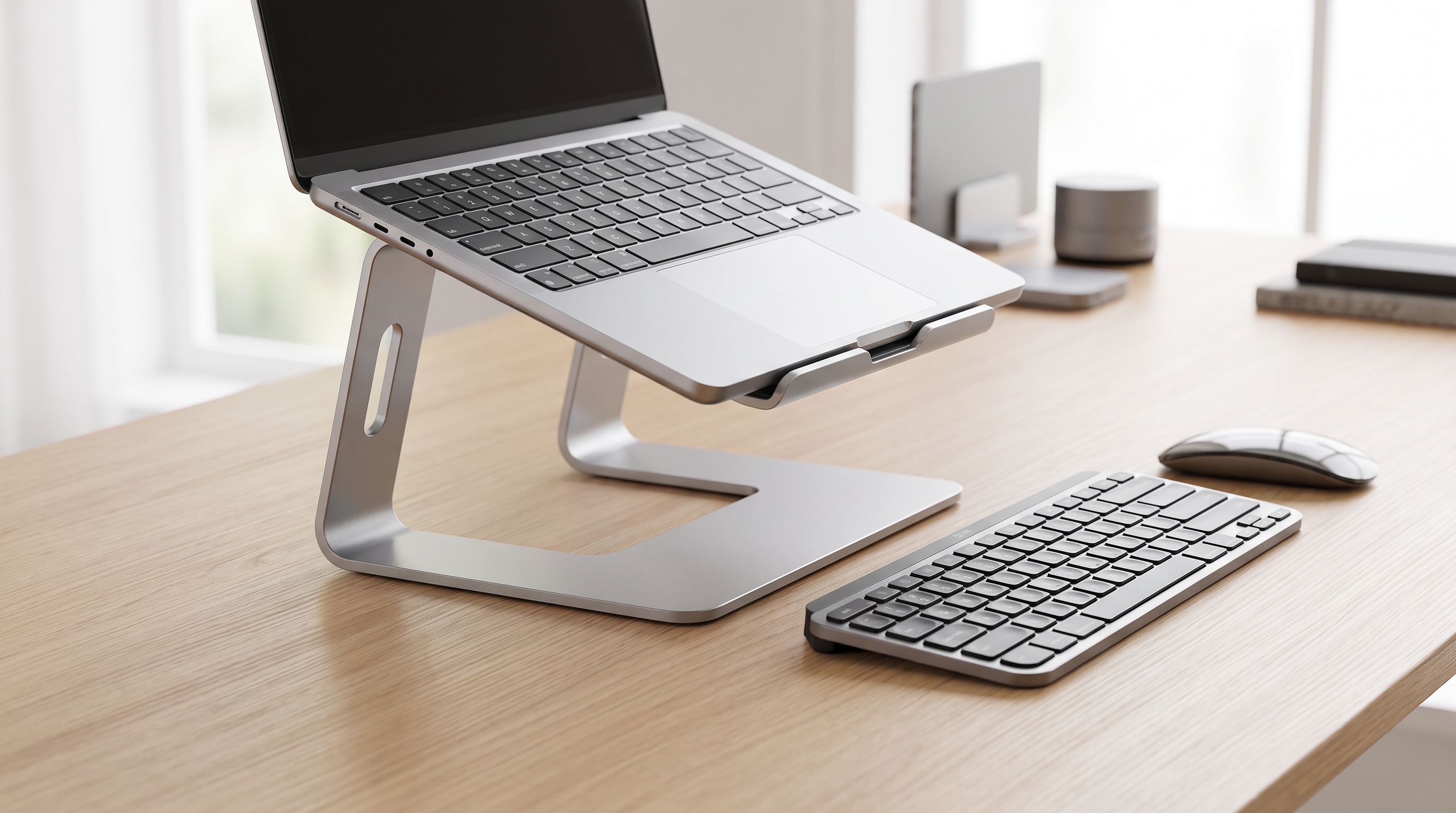An aluminum laptop stand raising a laptop screen to eye level on a wooden desk beside an external keyboard and mouse