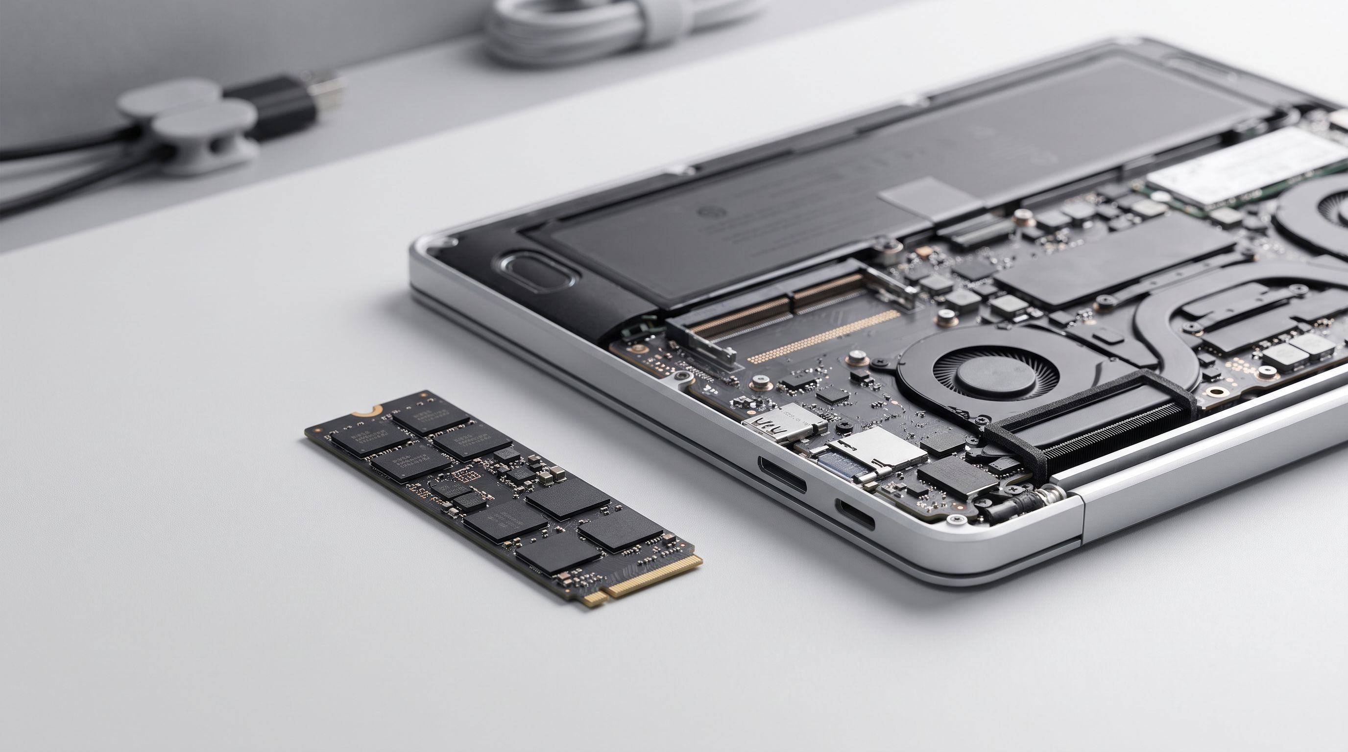 An LPCAMM2 memory module sitting next to an open thin laptop chassis with its bottom cover removed, showing the retention screws and compression connector