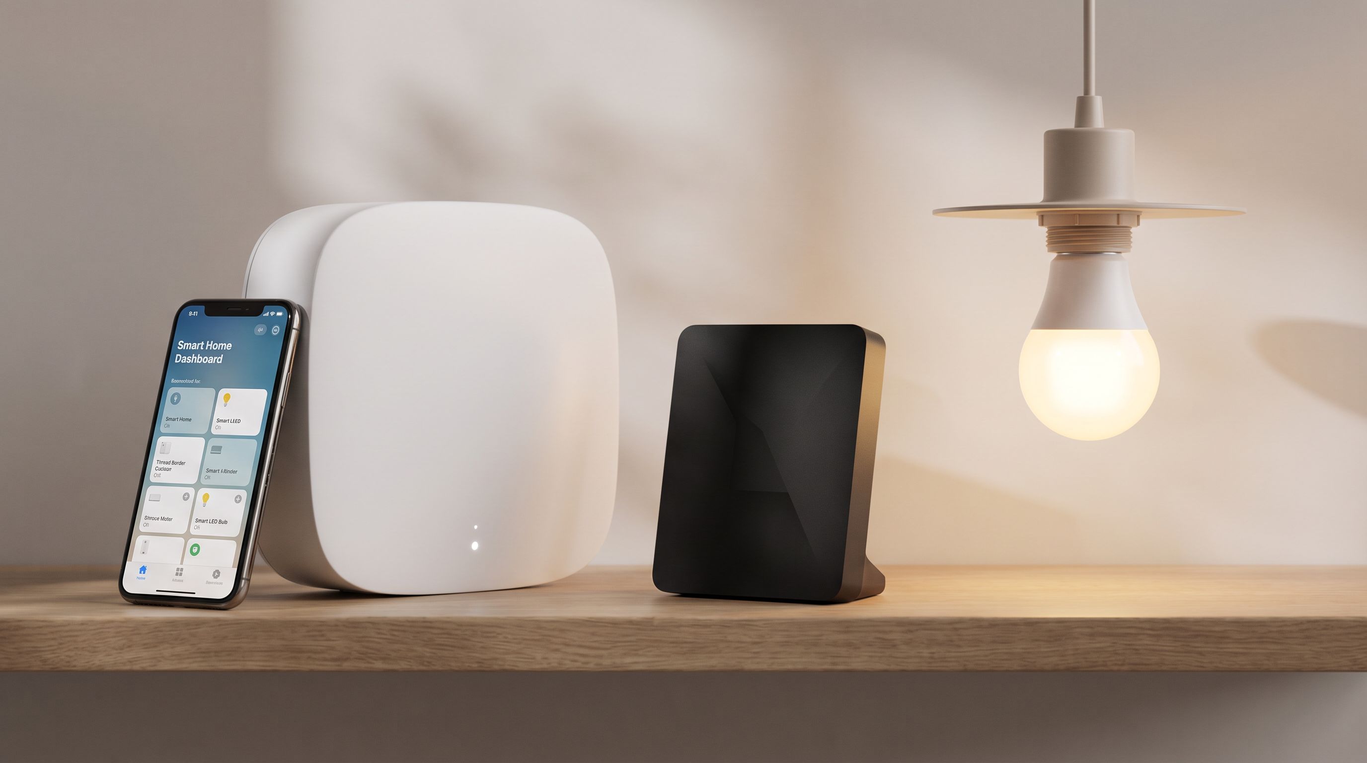 A smart home hub, Thread border router, and smart bulb arranged on a shelf with a phone showing a smart home app