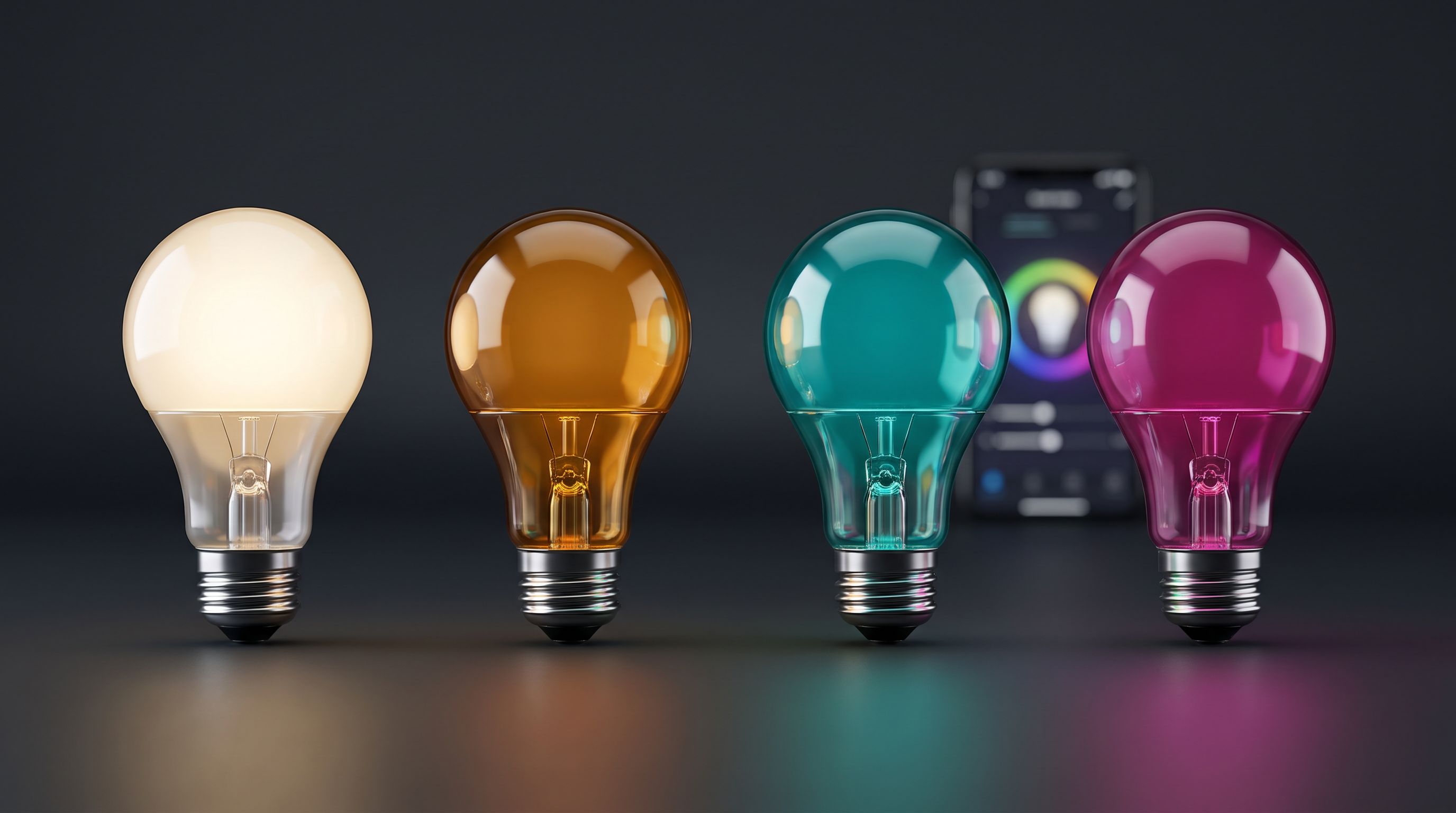 Four color-changing smart LED bulbs lit in warm white, amber, teal and magenta against a dark background