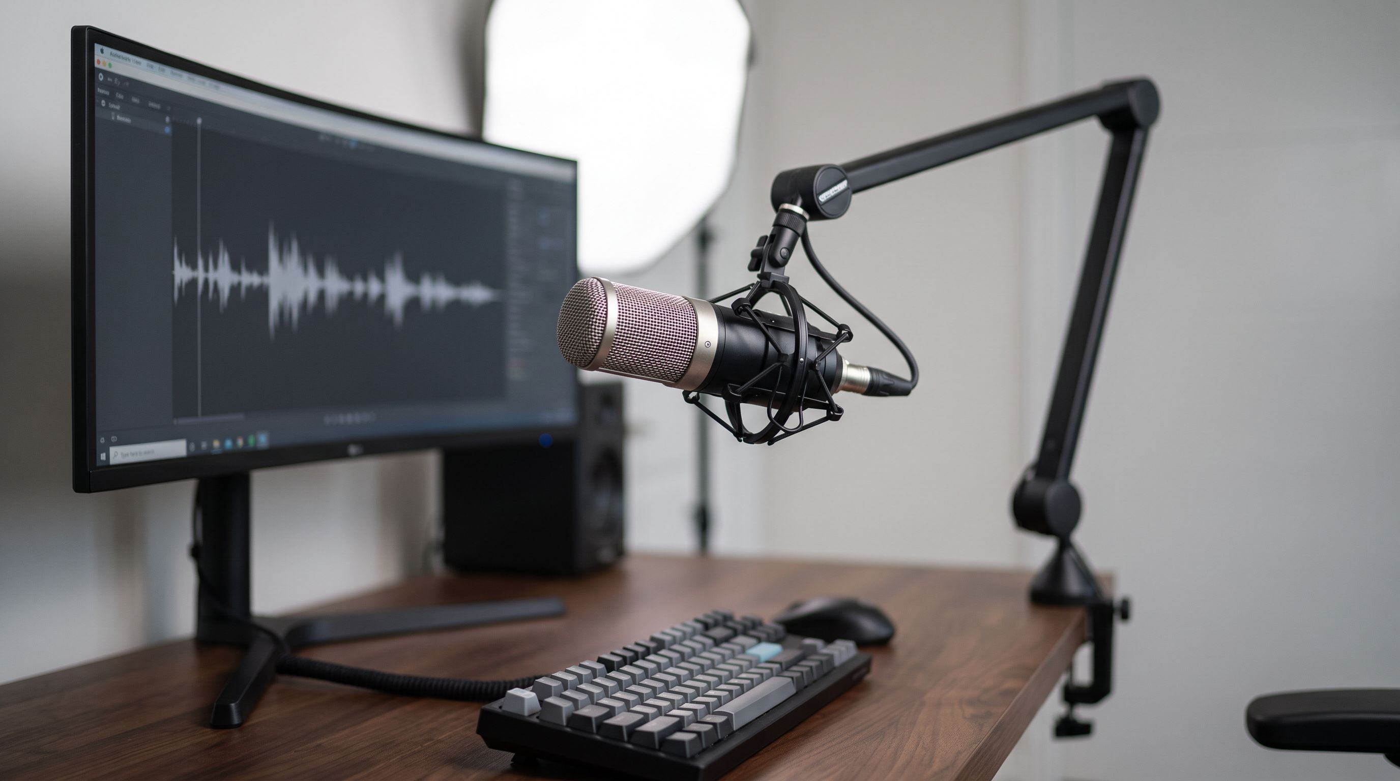 A studio condenser microphone suspended in a shock mount on a black desk-mounted boom arm above a streaming desk with keyboard and monitor