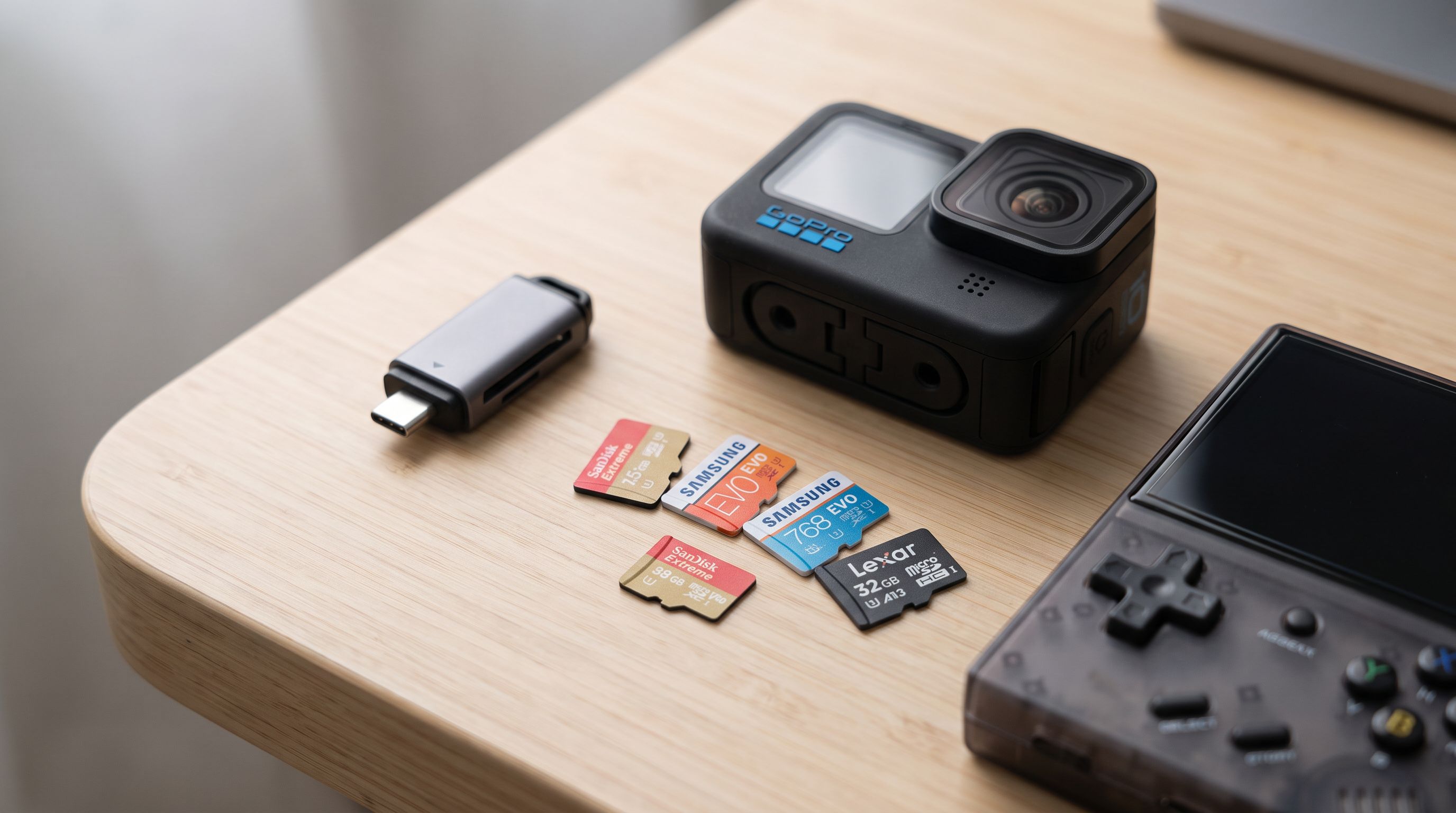 Several microSD cards fanned out on a desk beside a card reader, action camera and handheld game console