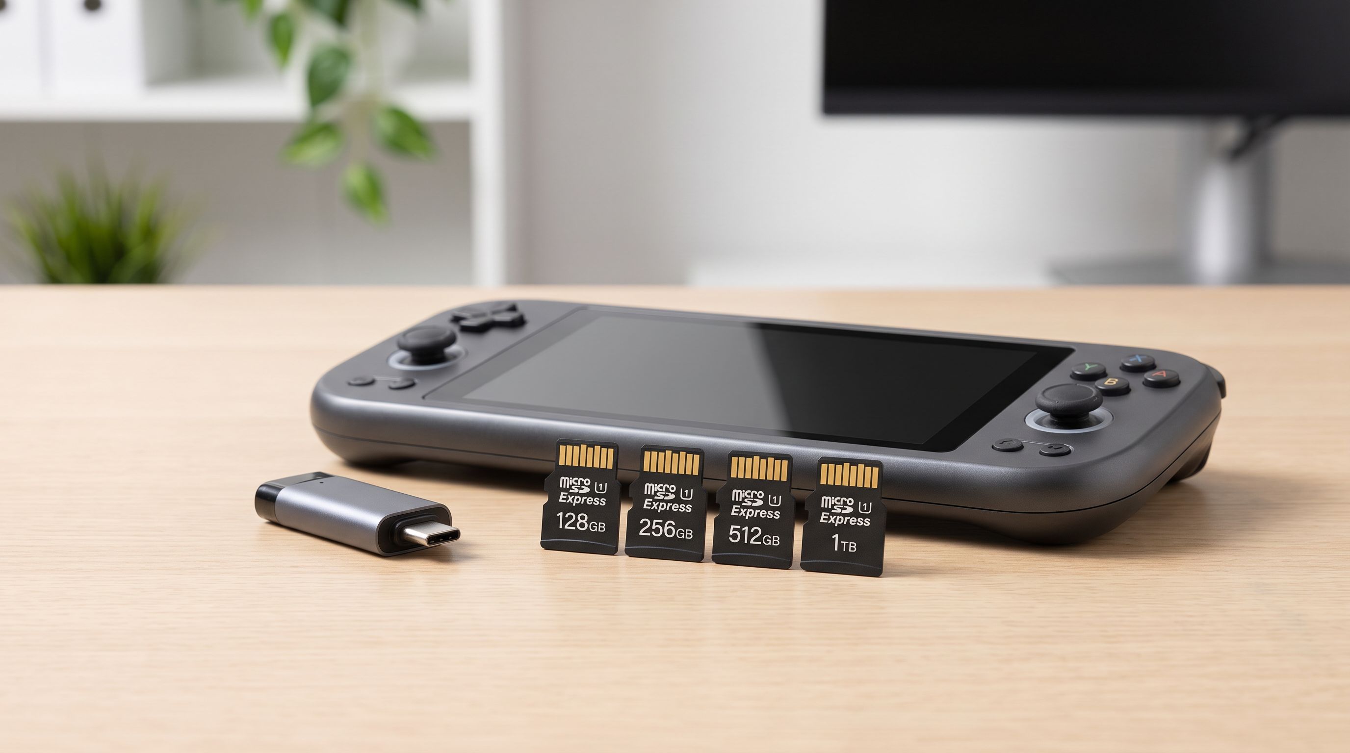 Several microSD Express memory cards arranged next to a handheld gaming console and a card reader on a desk