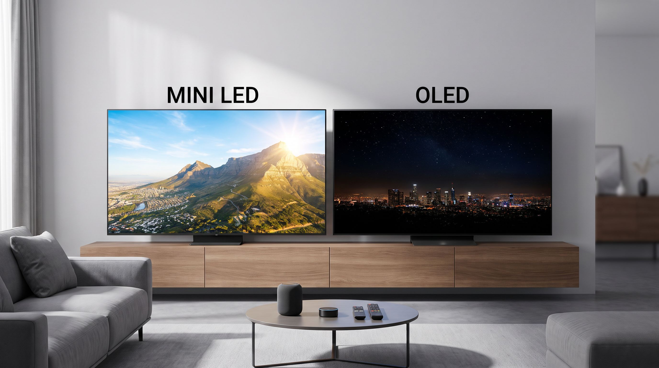 Two large 4K TVs side by side in a living room, one showing a bright daylight scene and one showing a dark cinematic scene, illustrating Mini LED versus OLED panel differences