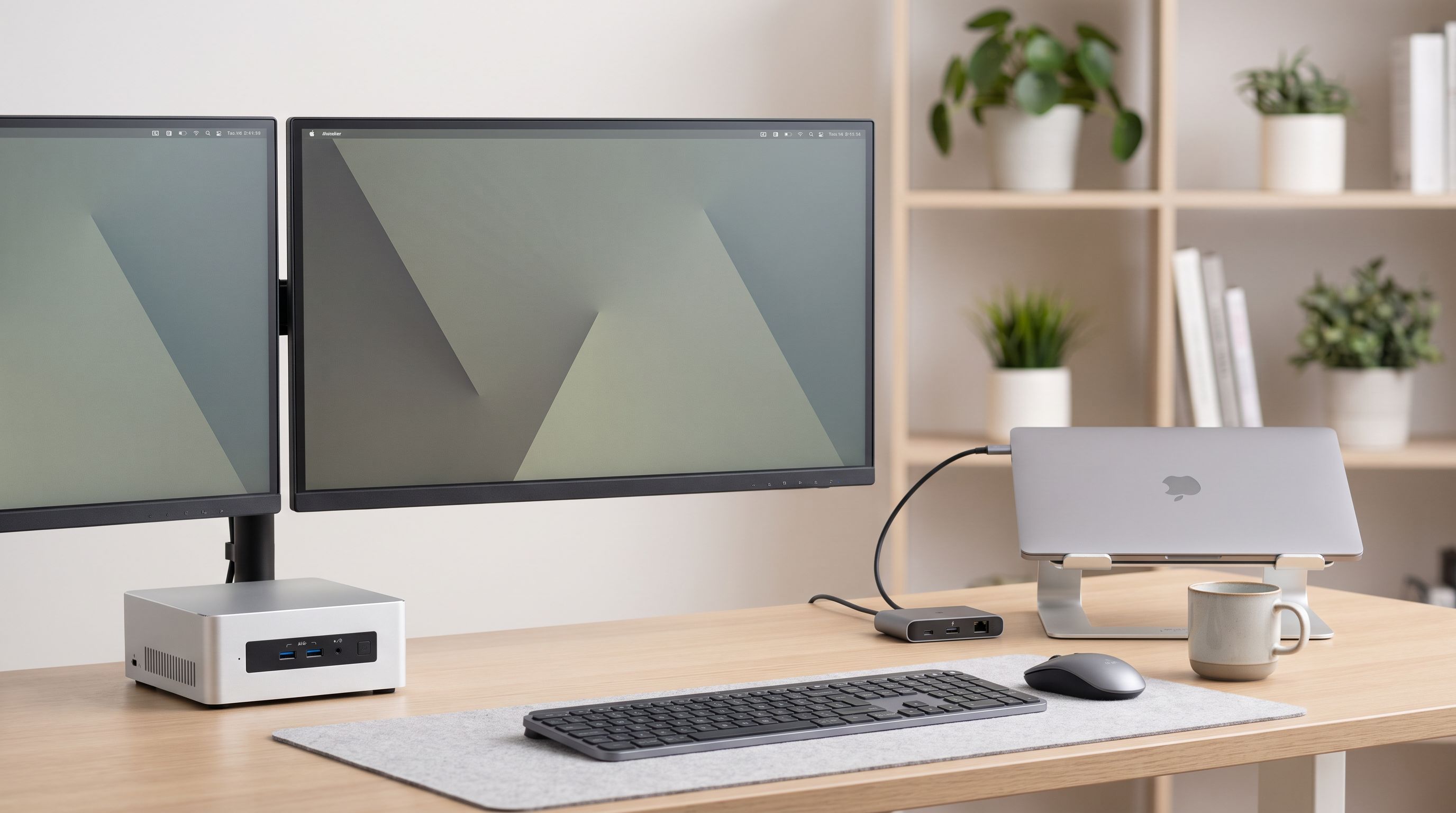 A tidy home-office desk with a small mini PC beside a dual-monitor setup and a laptop closed on a stand connected to a Thunderbolt docking station