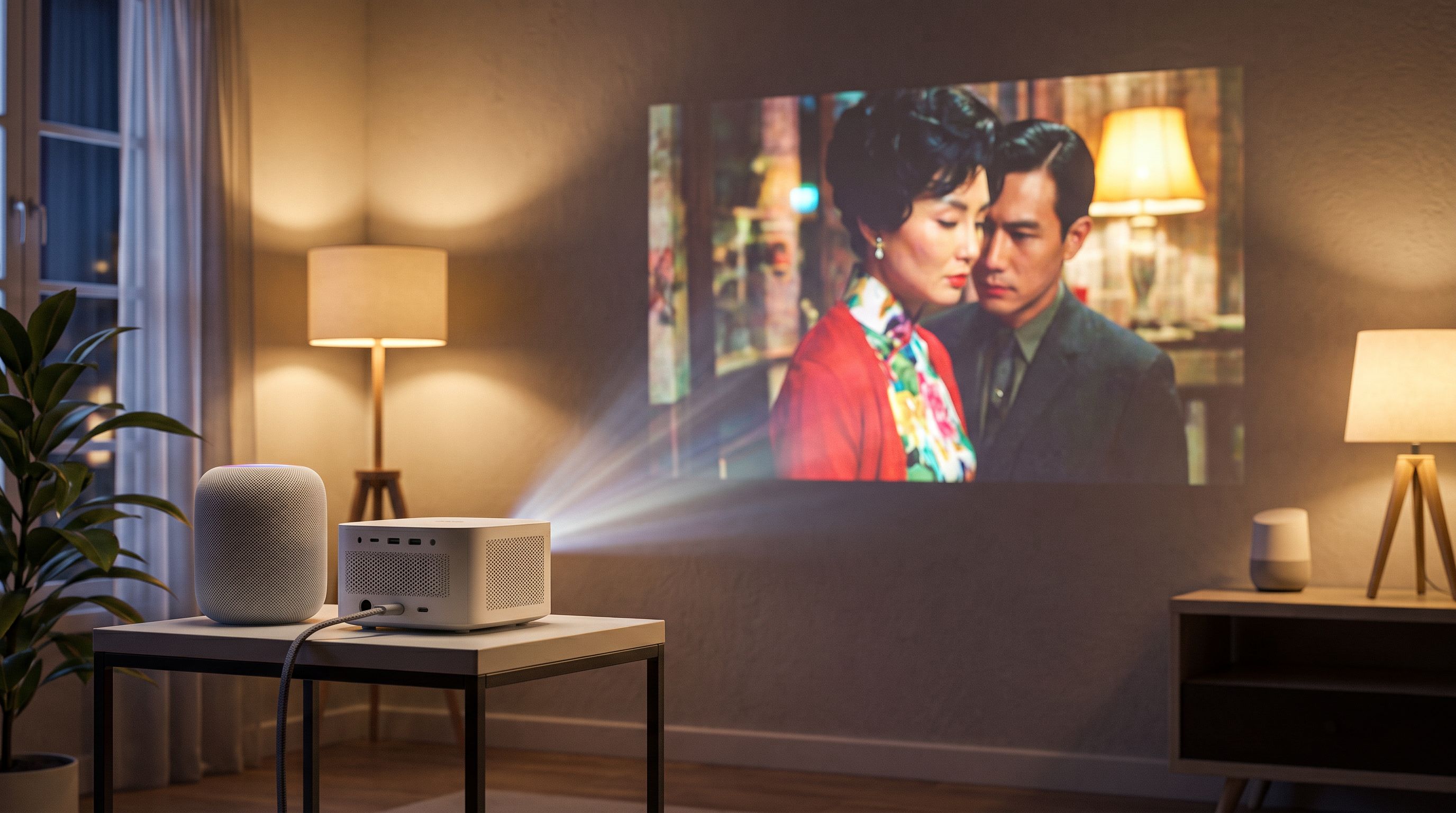 A compact white mini projector on a side table casting a bright movie image onto a living room wall at night