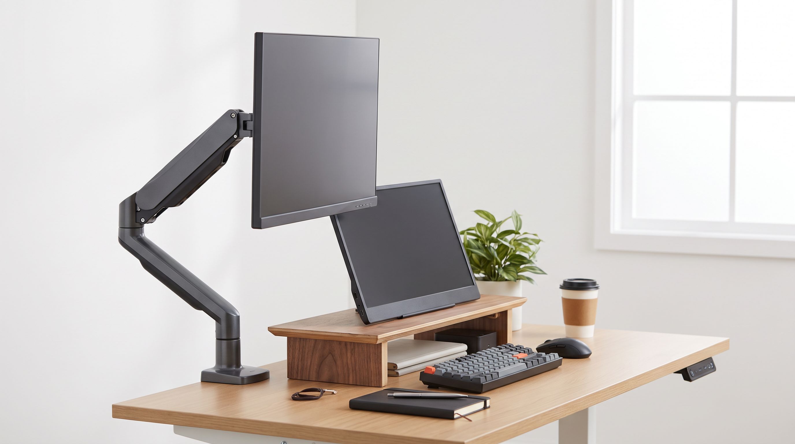 A compact home-office desk with a single monitor floating on a gas-spring VESA arm beside a wooden monitor riser holding a second display and keyboard