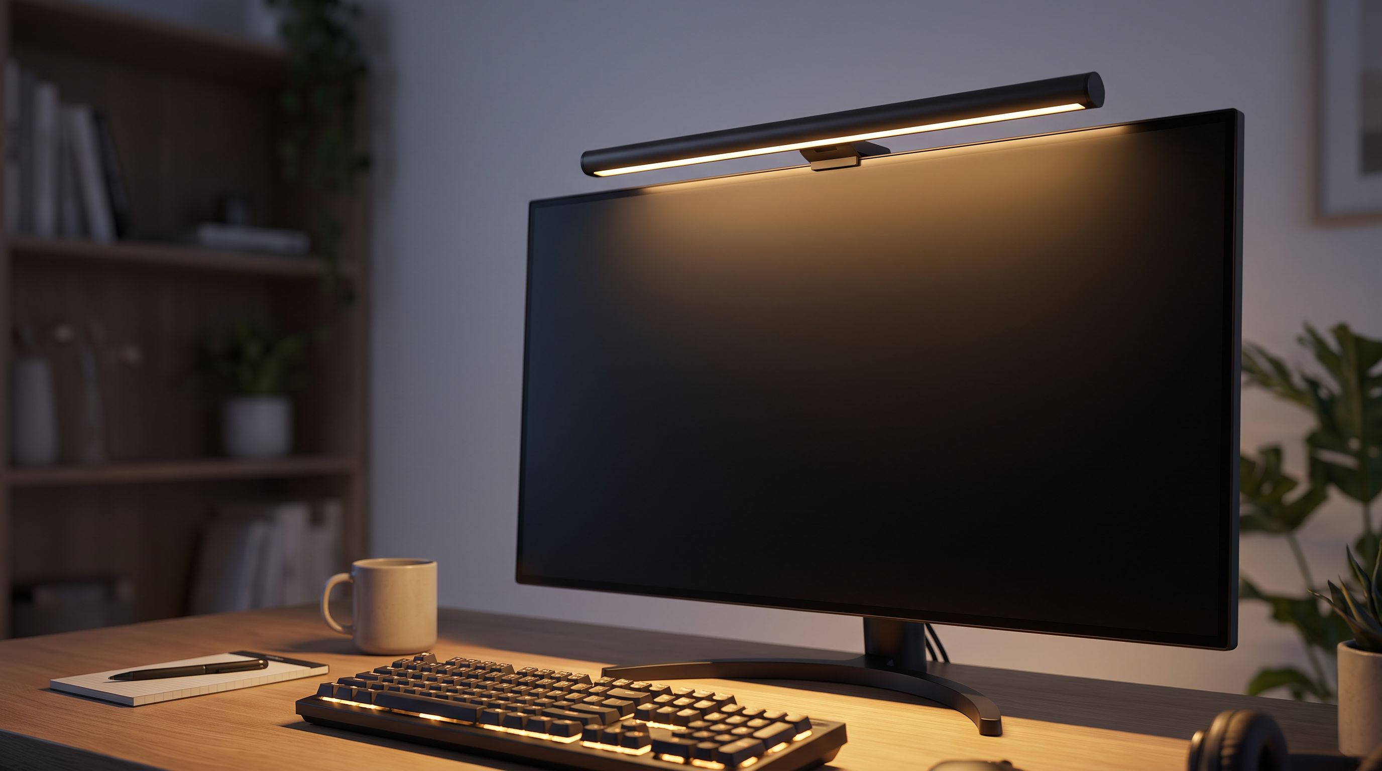 A monitor light bar clamped to the top bezel of a widescreen monitor, casting warm light across a keyboard and desk in a dim room