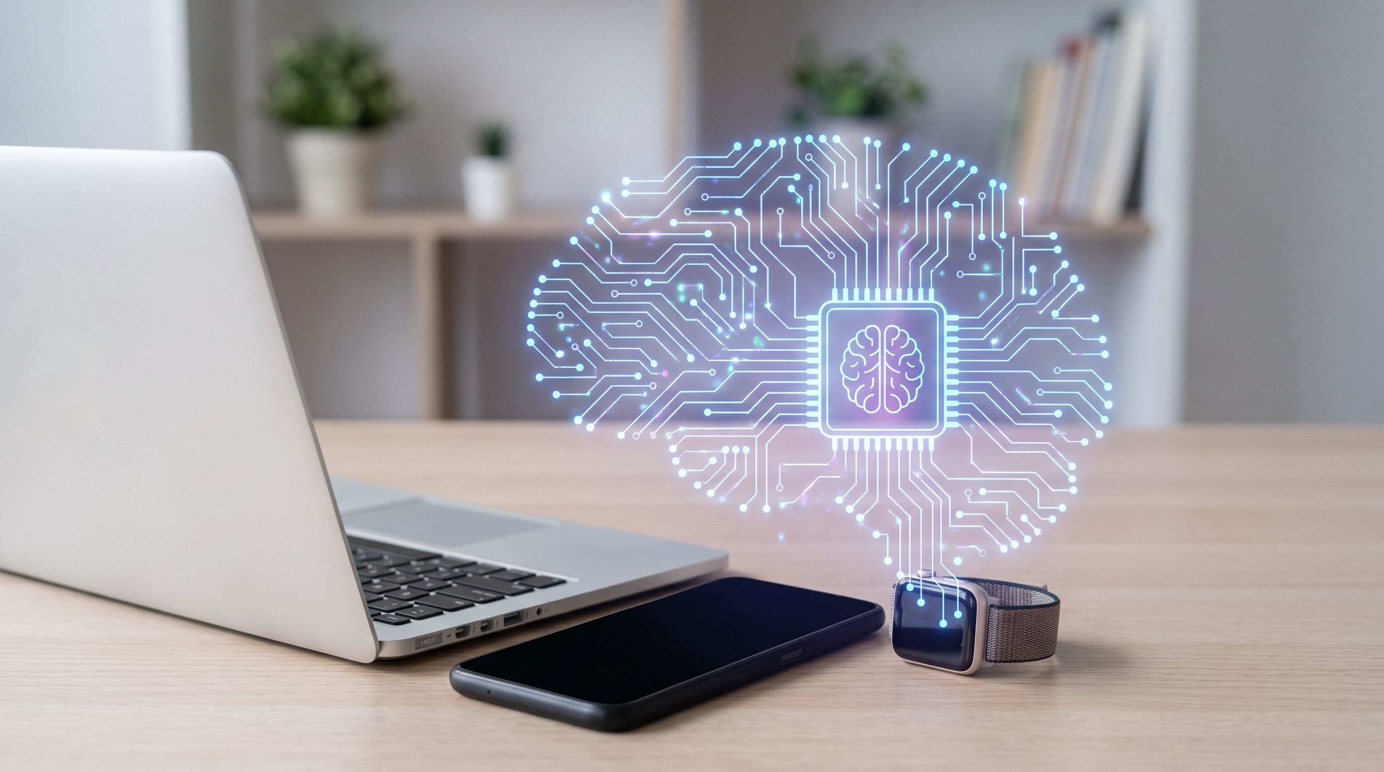 A smartphone, laptop and AI wearable on a desk with a glowing neural-network chip graphic overlaid, representing on-device AI processing