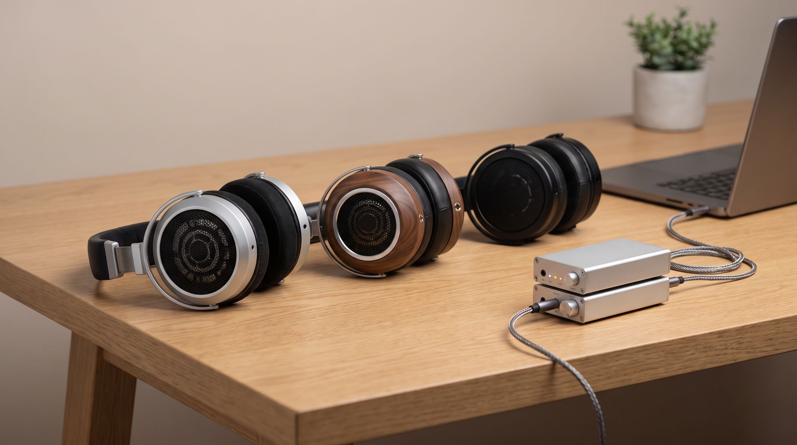 Several pairs of open-back over-ear headphones resting on a wooden desk beside a small USB DAC and amplifier
