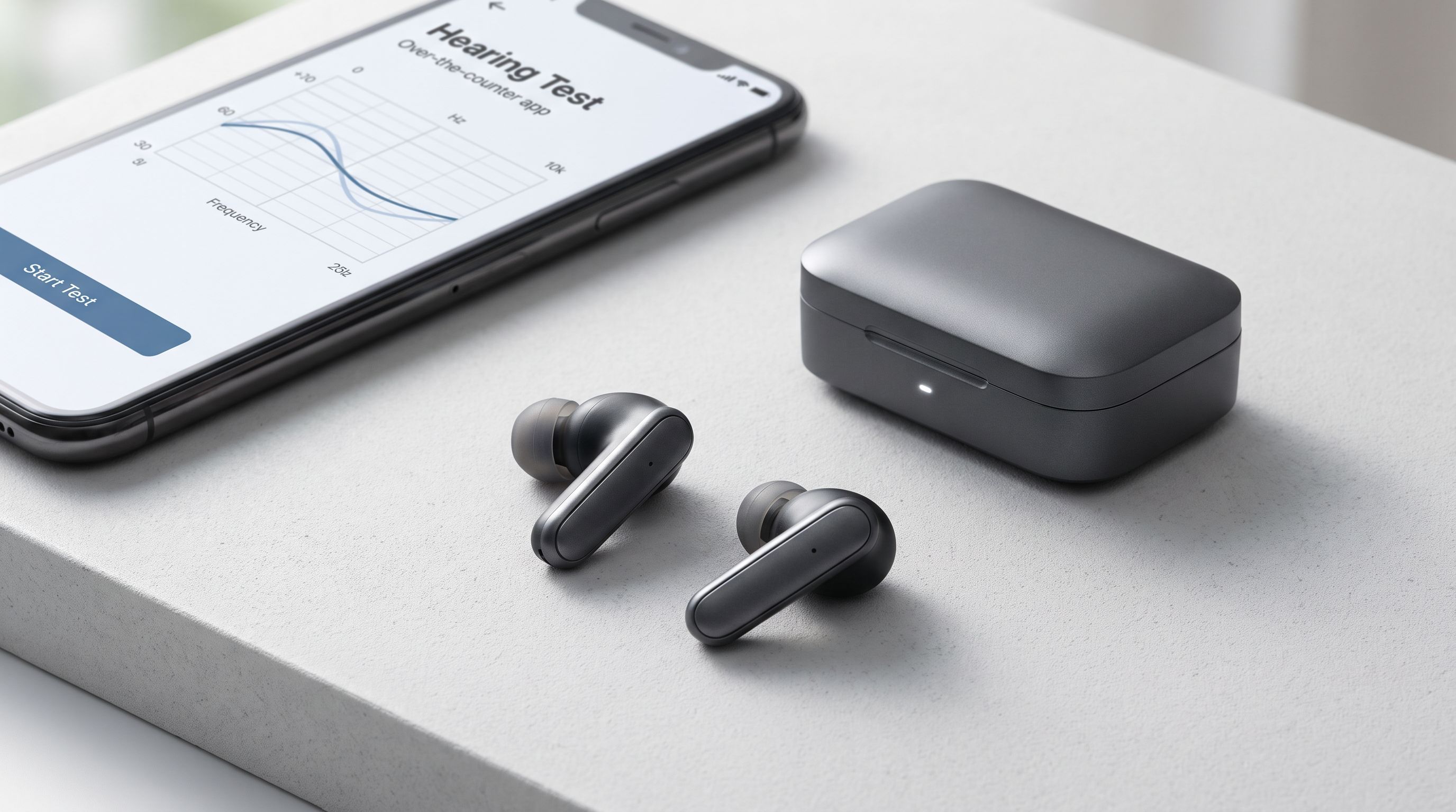 A pair of over-the-counter hearing aid earbuds resting beside their charging case and a smartphone showing a hearing test app