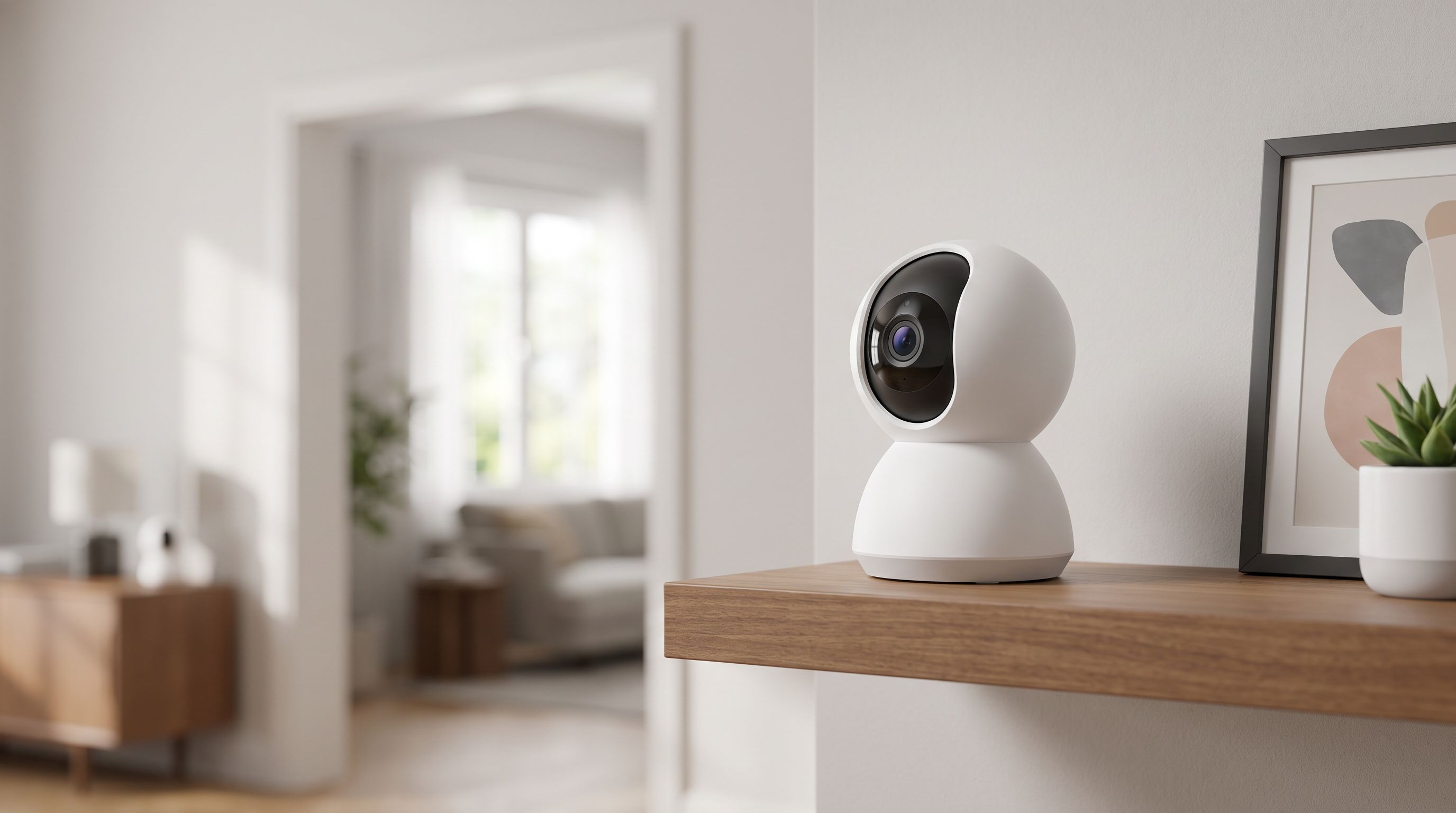 A white indoor pan-tilt security camera mounted on a shelf, its lens rotated toward a doorway in a sunlit living room