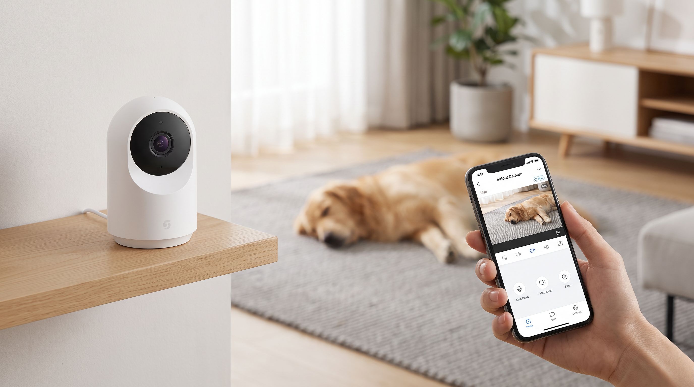 A small indoor pet camera on a shelf watching a dog resting on a living room rug, with a smartphone app view of the same room