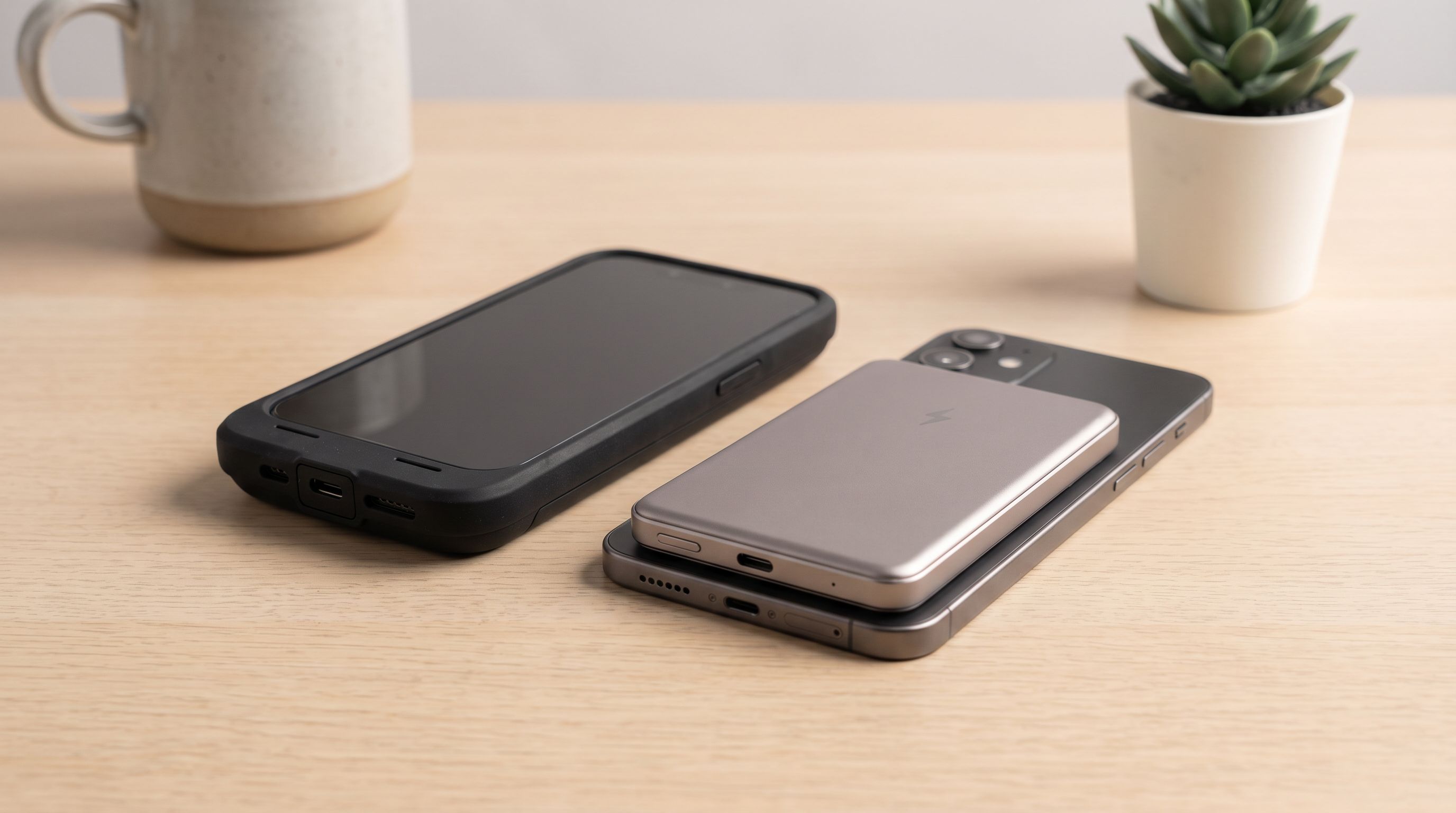 A smartphone in a thick battery case next to a slim magnetic Qi2 power bank attached to a second phone, shown side by side on a desk