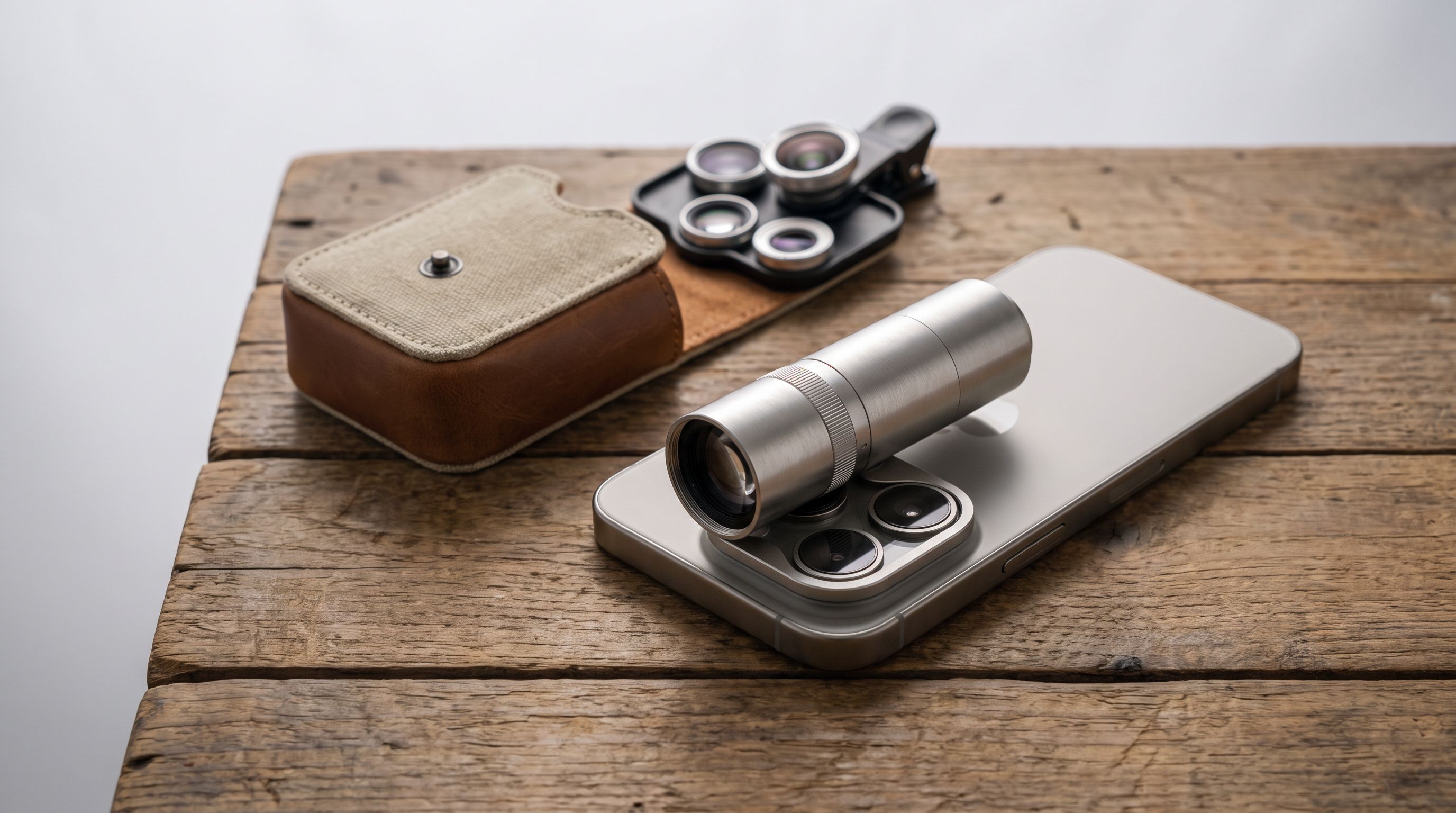 A smartphone with a magnetic telephoto lens attachment mounted over its main camera, beside a clip-on lens kit and carry case on a wooden table