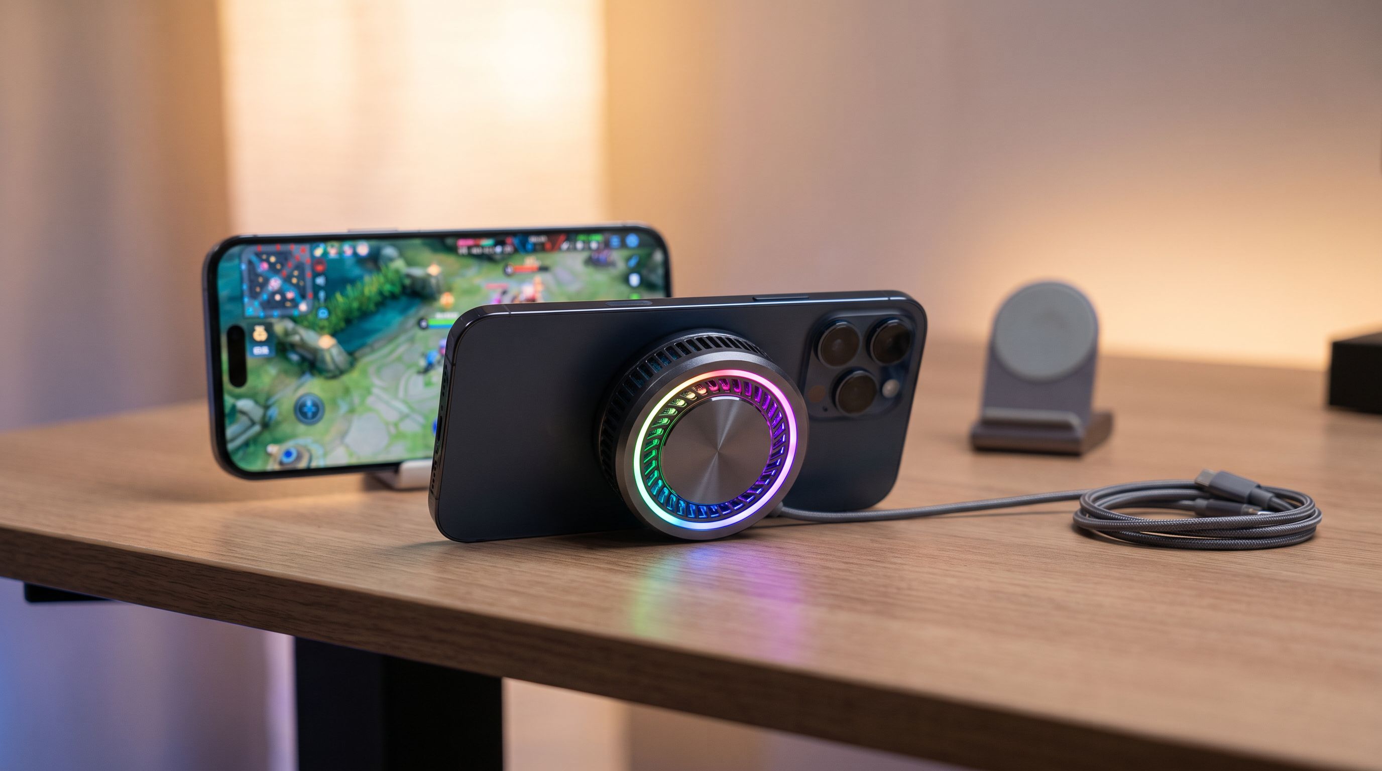 A magnetic phone cooler with RGB lighting attached to the back of a smartphone running a mobile game, shown on a desk