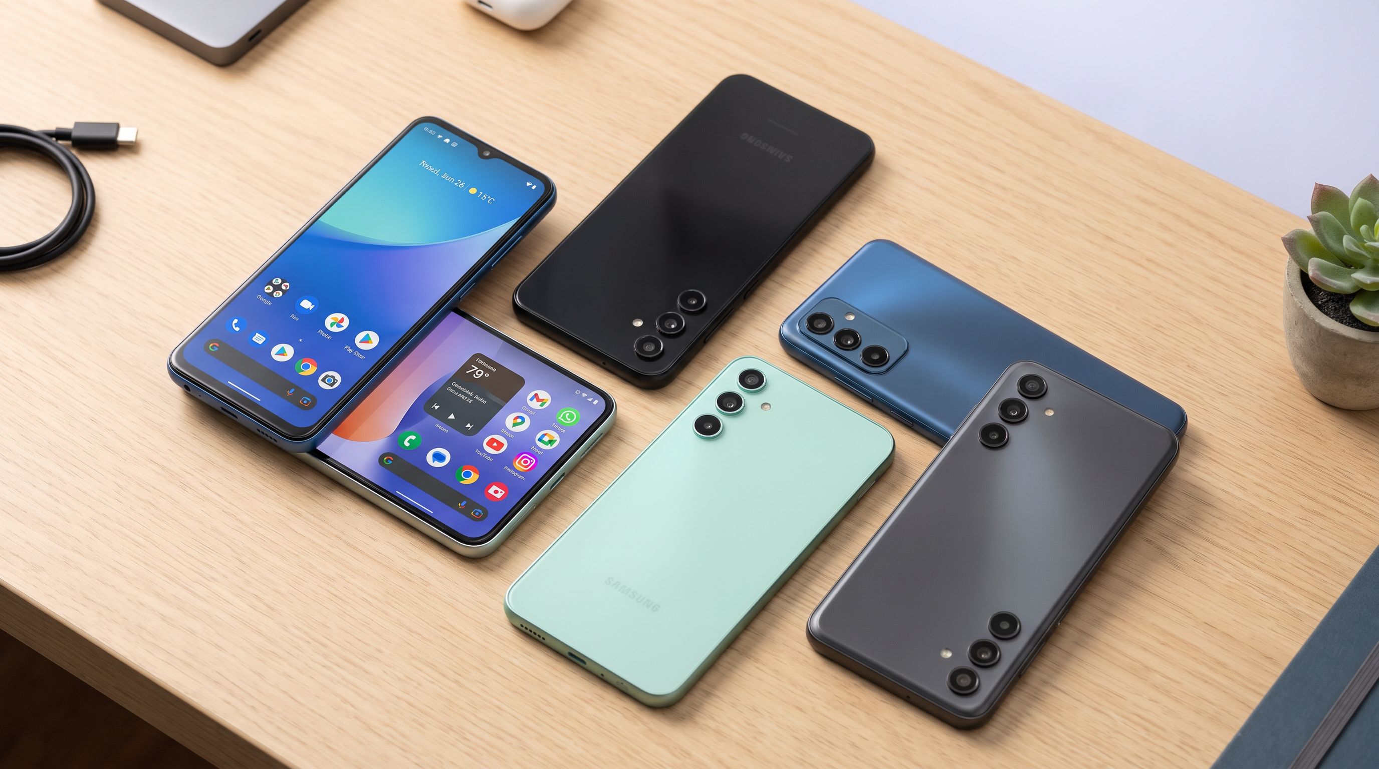 Four affordable Android smartphones laid out on a desk showing their home screens and rear cameras