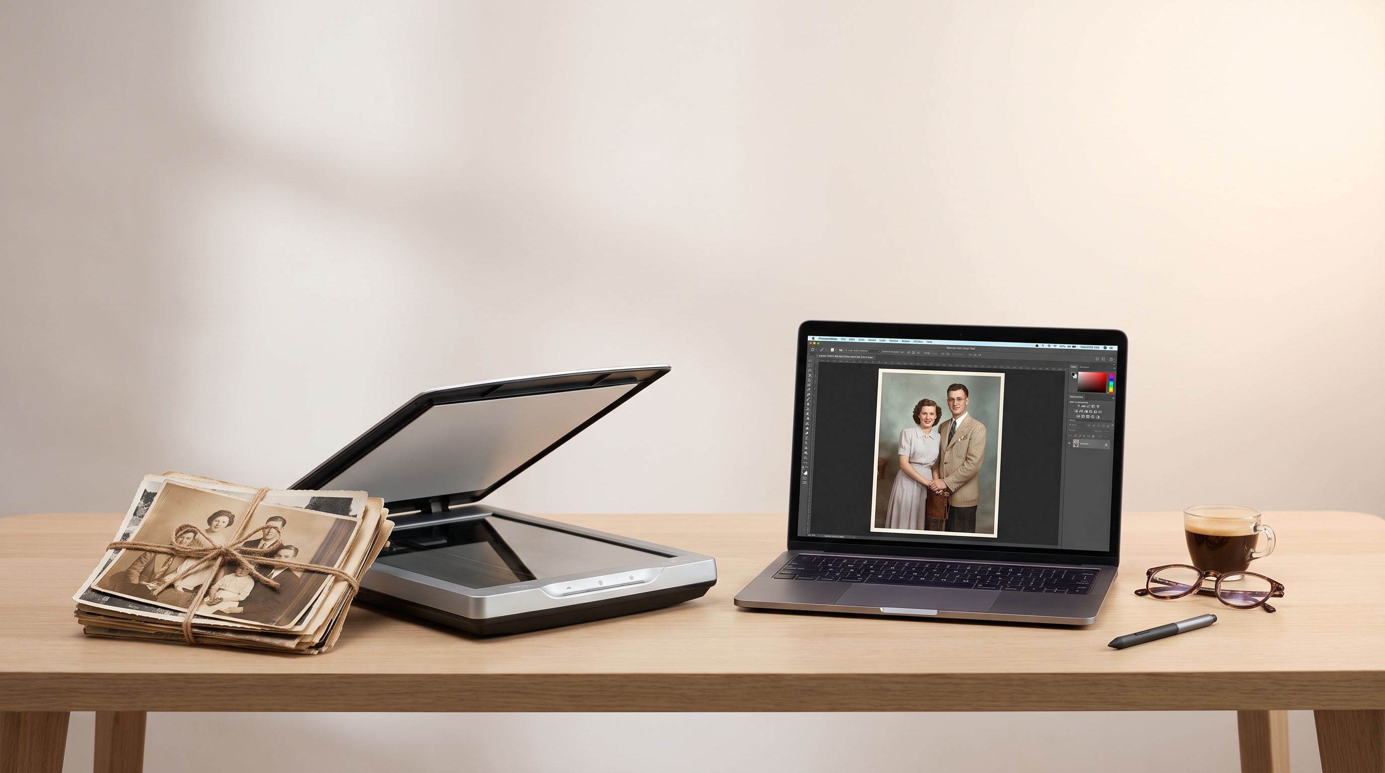 A stack of vintage family photo prints beside a flatbed photo scanner on a wooden desk, with a laptop showing a scanned image