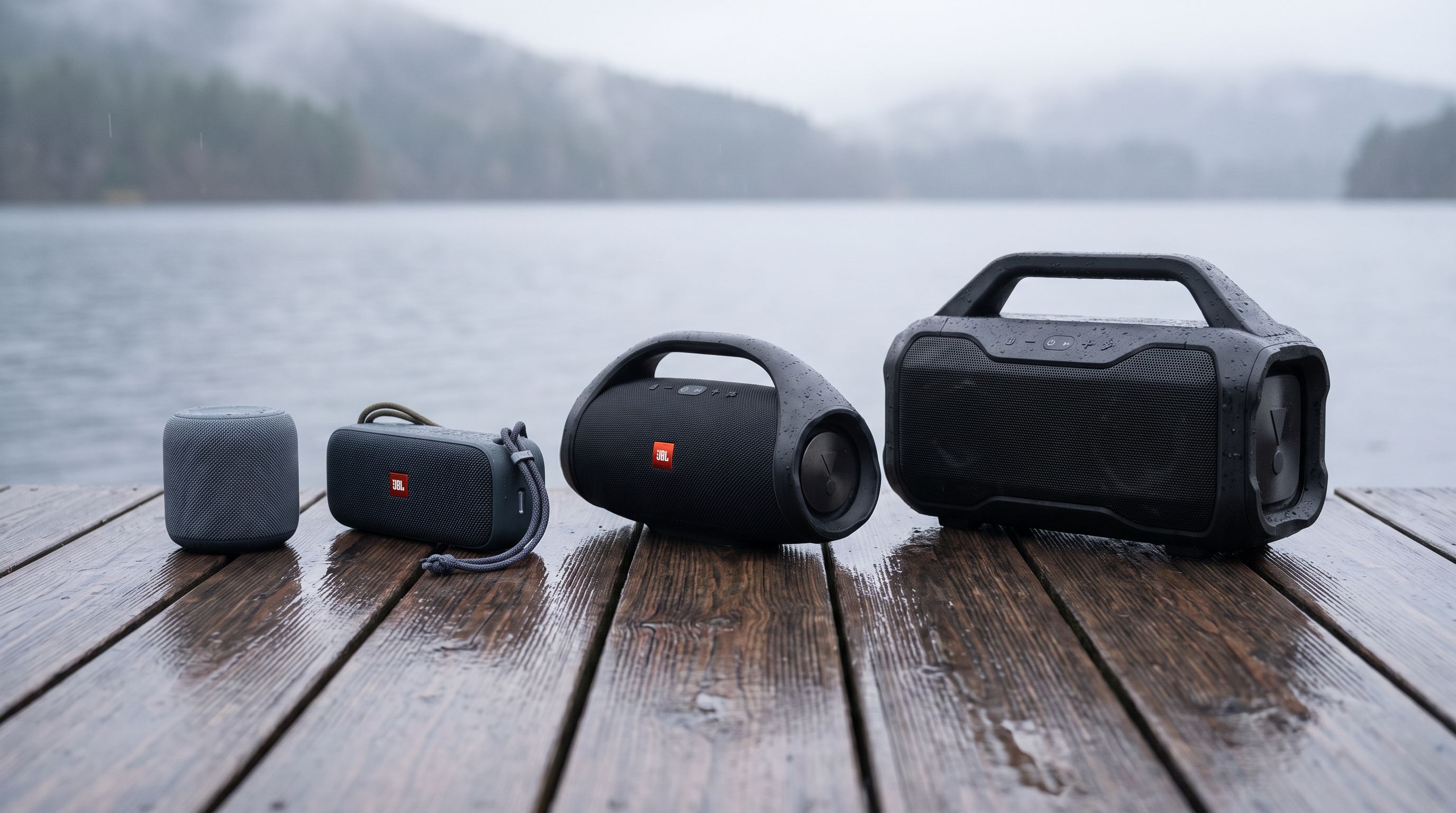 Four portable Bluetooth speakers of increasing size lined up on a wet wooden dock, from pocket-size cylinder to large handled party speaker